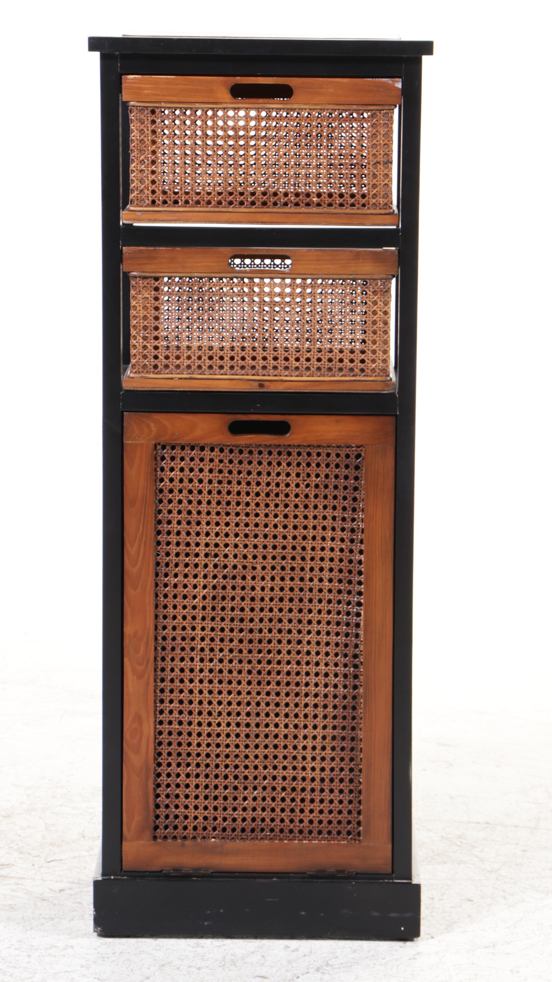 Contemporary Ebonized Wood, Pine and Cane Storage Cabinet