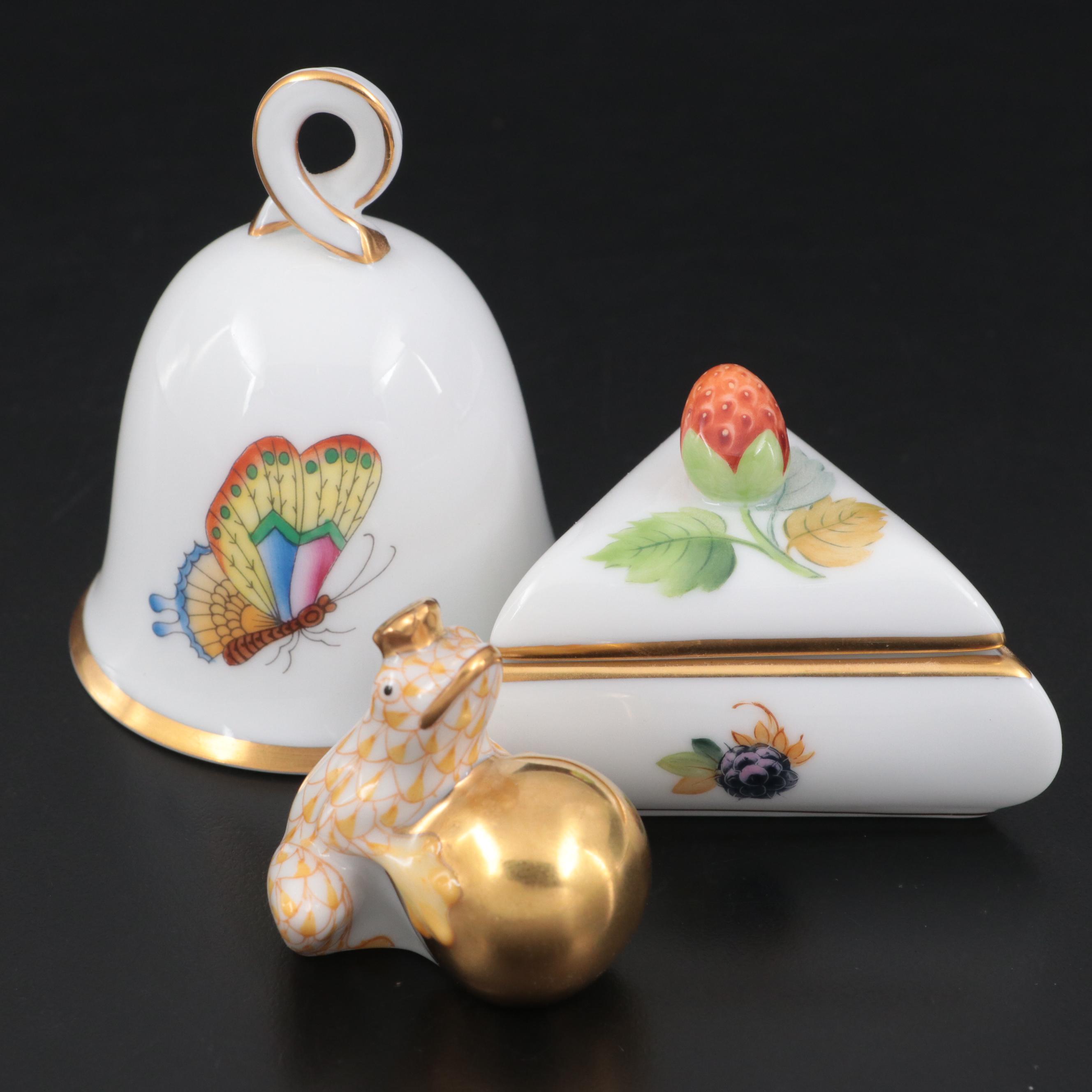 Herend Hand-Painted Porcelain Bell, Frog and Triangular Box