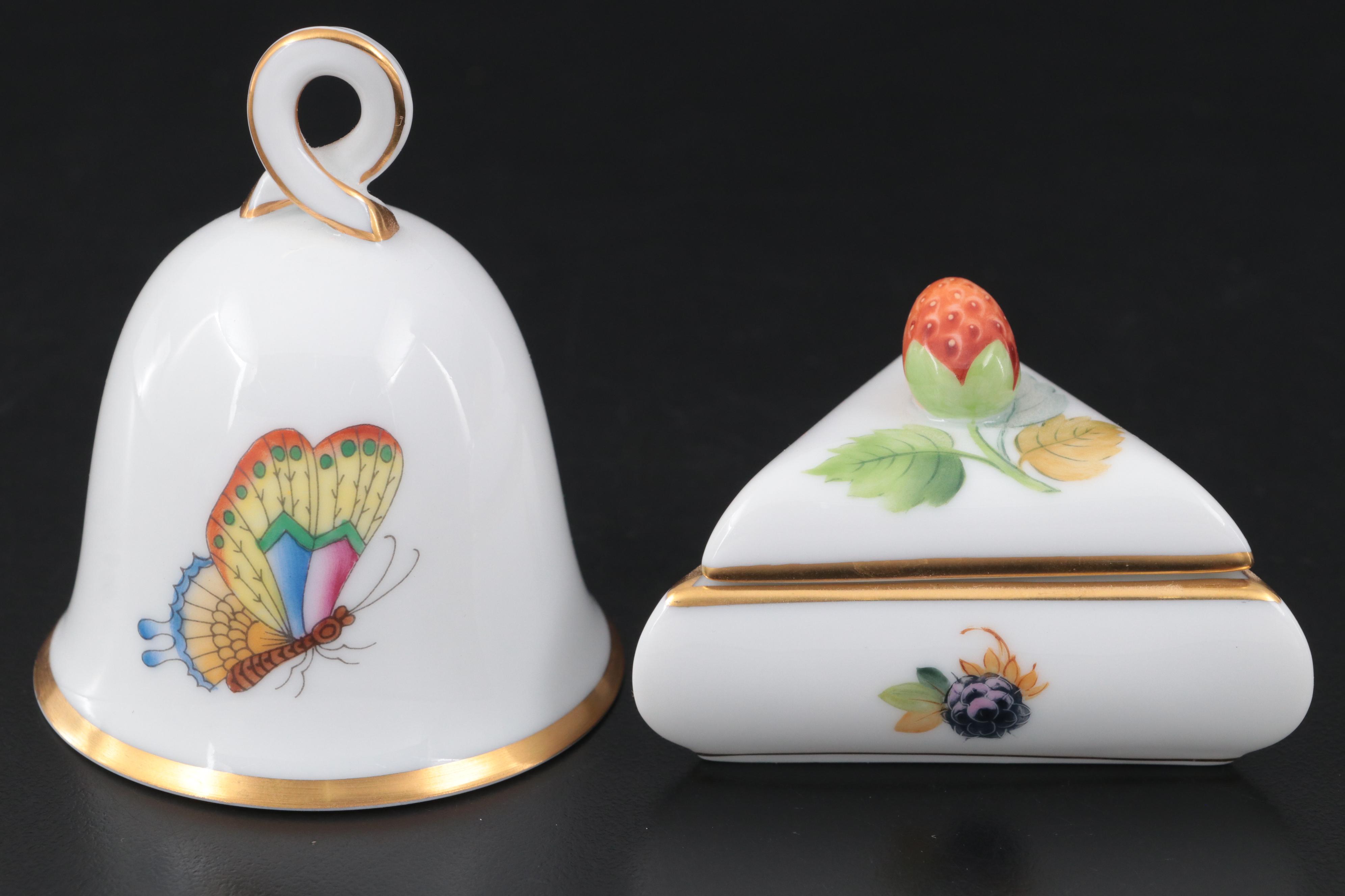 Herend Hand-Painted Porcelain Bell, Frog and Triangular Box
