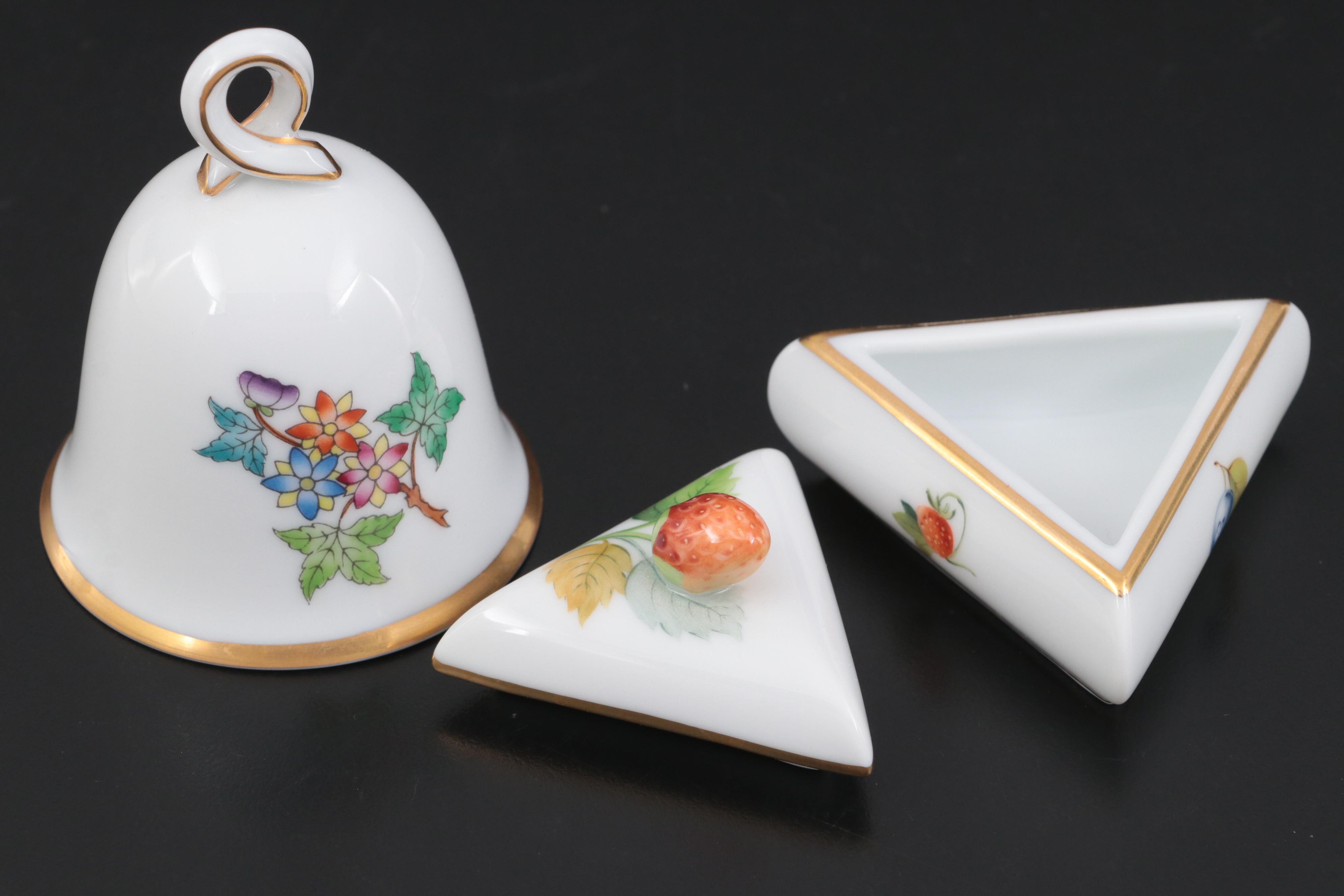 Herend Hand-Painted Porcelain Bell, Frog and Triangular Box