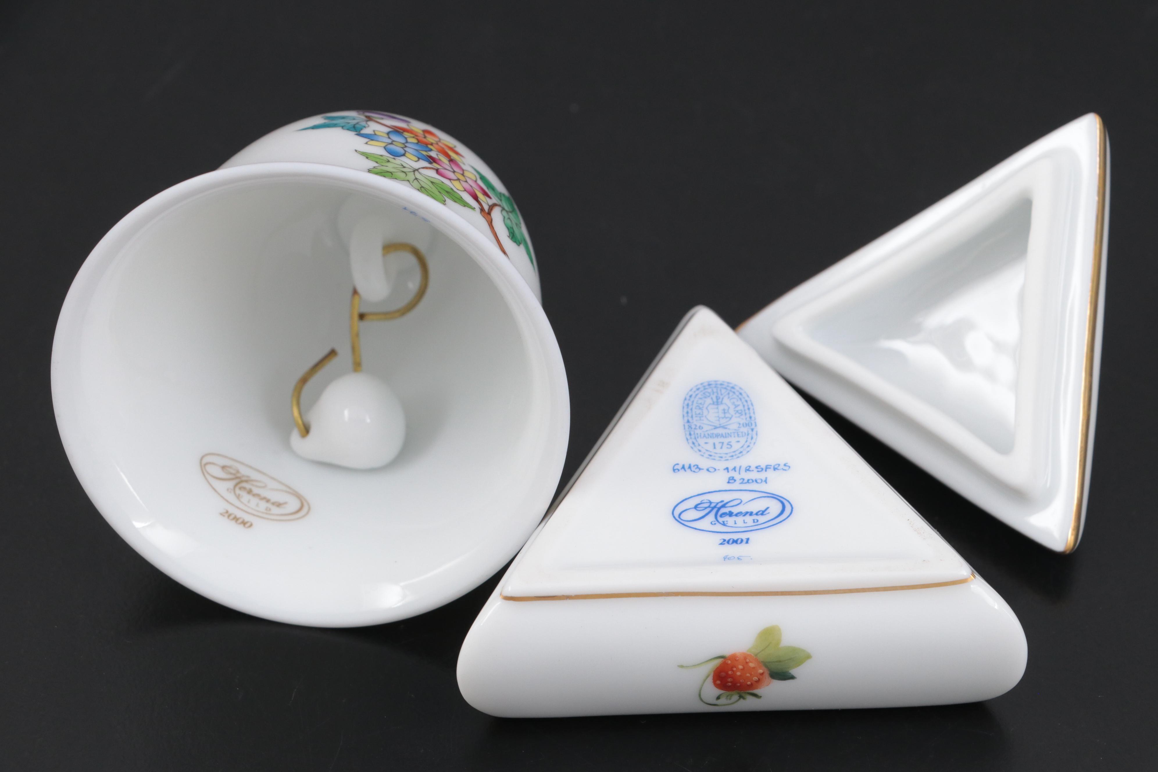 Herend Hand-Painted Porcelain Bell, Frog and Triangular Box
