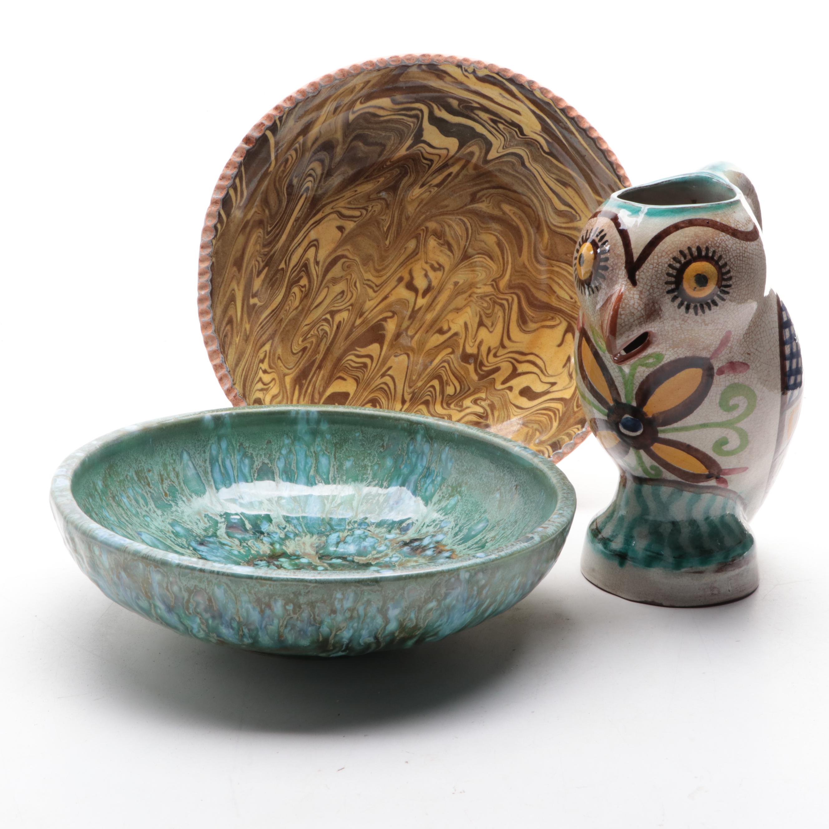 Handcrafted Art Pottery Bowls with Greek Molded Ceramic Owl Pitcher