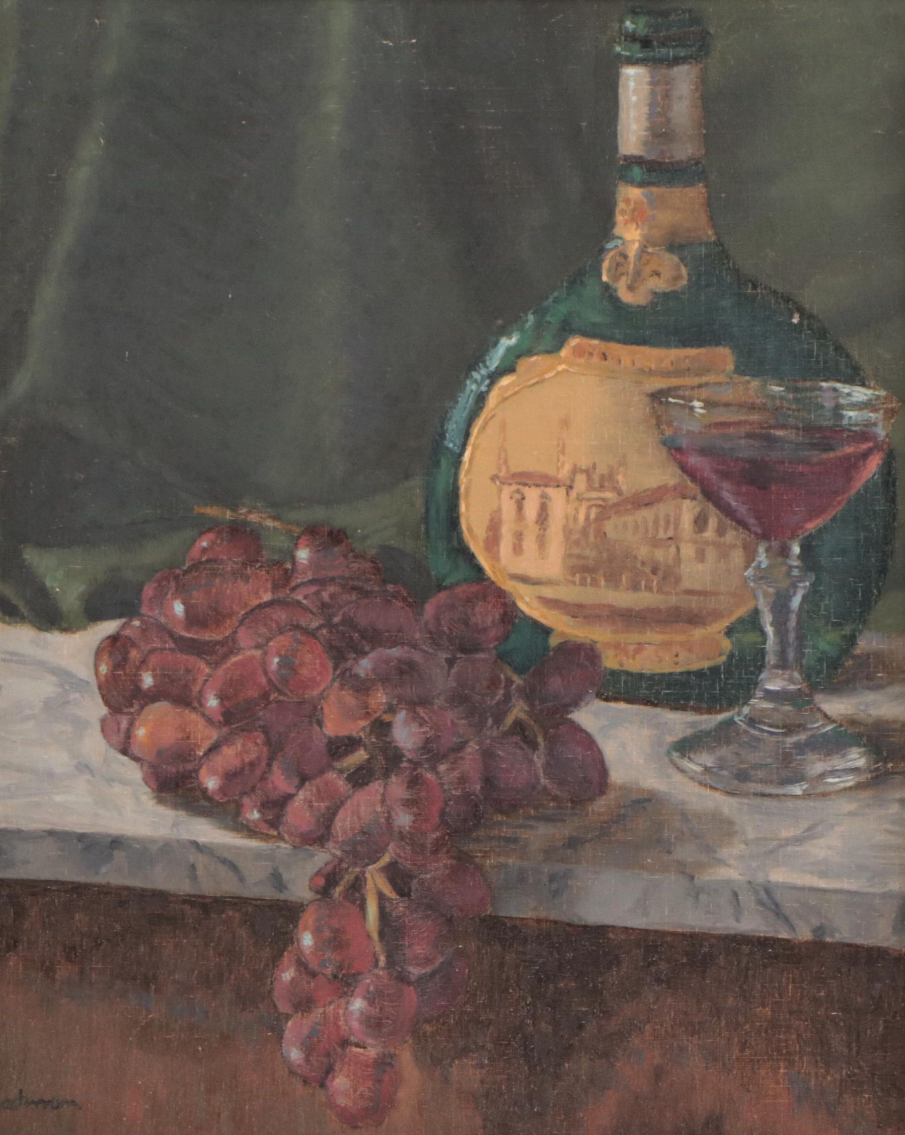 Still Life Oil Painting of Wine and Grapes
