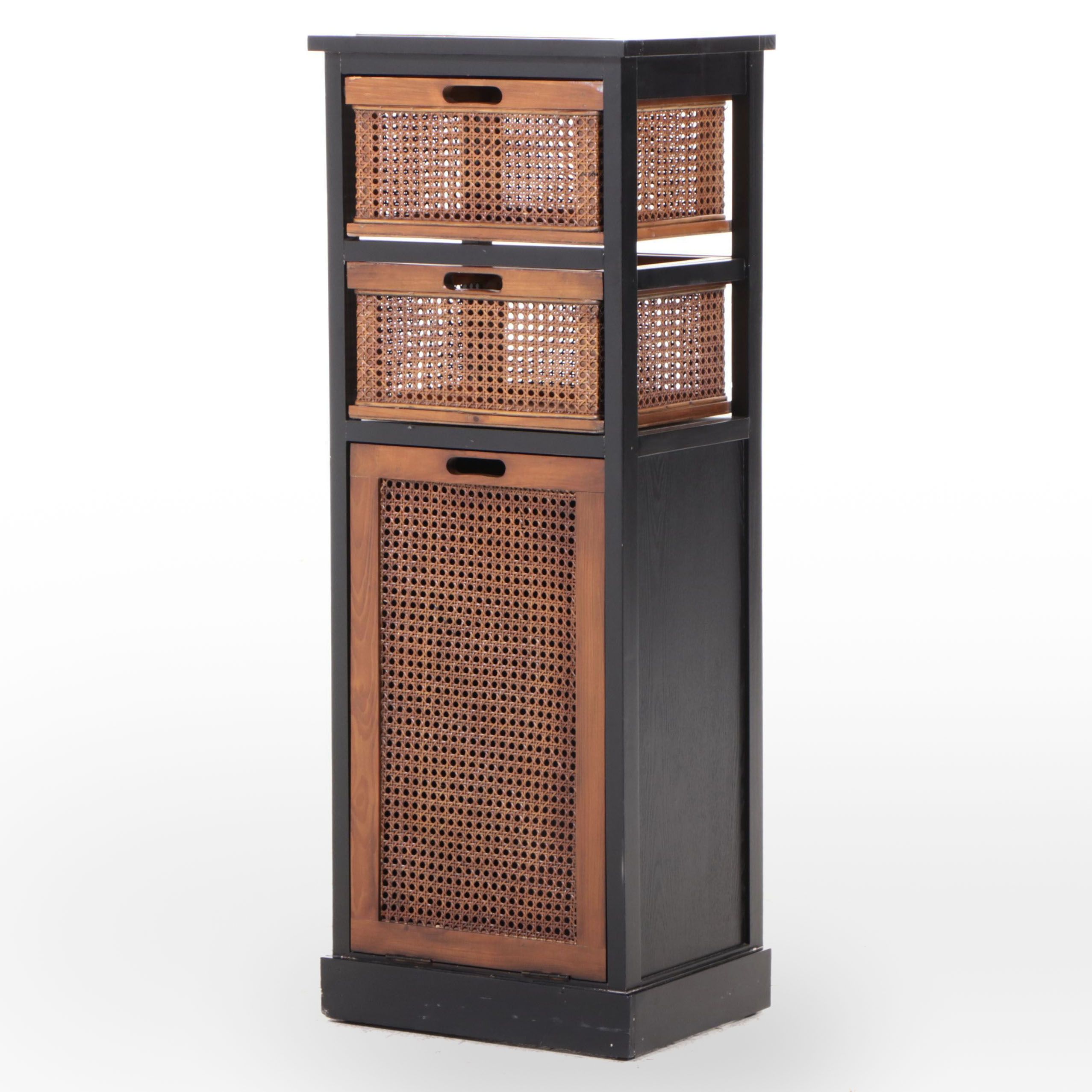 Contemporary Ebonized Wood, Pine and Cane Storage Cabinet