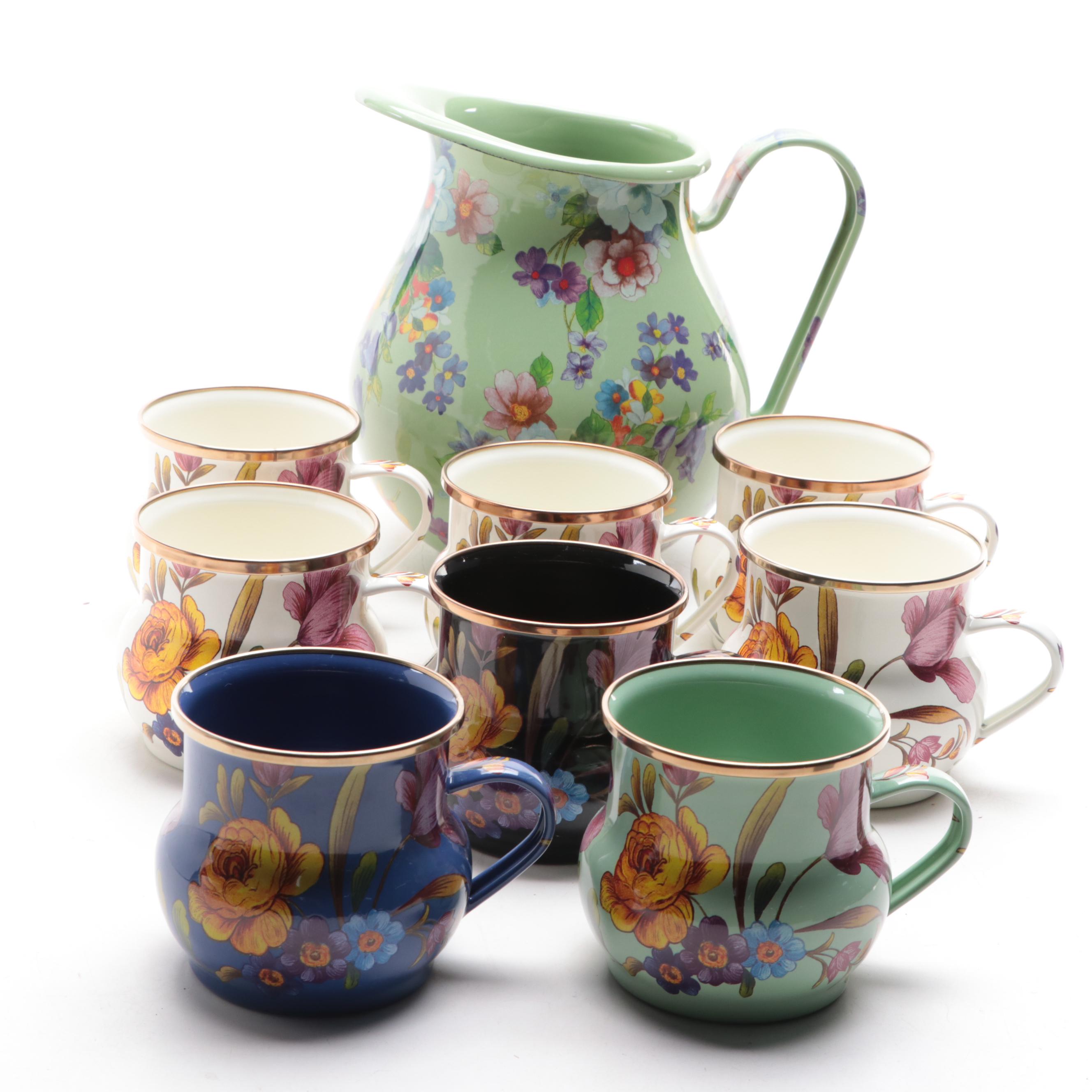 MacKenzie-Childs "Flower Market" Enamelware Pitcher and Mugs