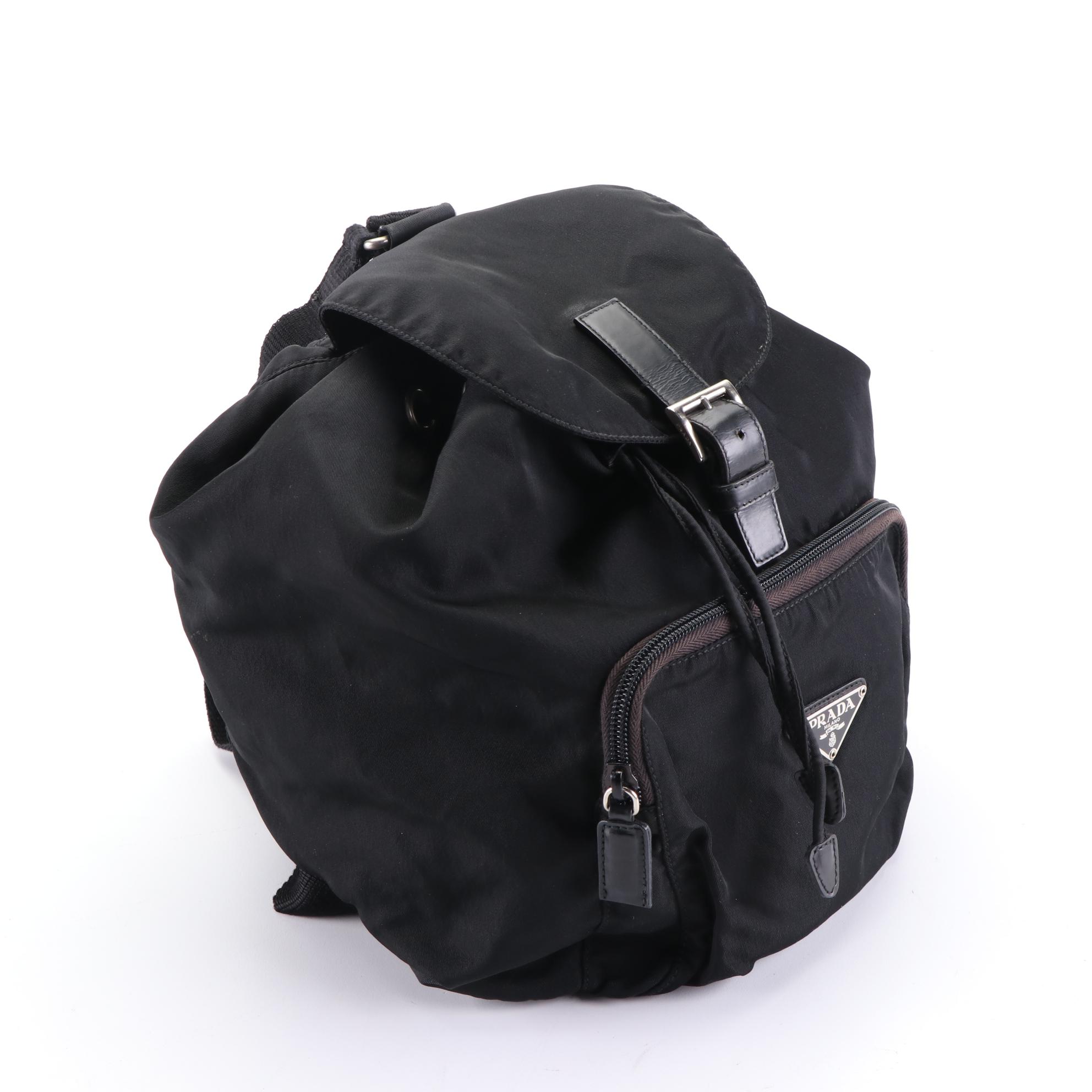 Prada Front Pocket Drawstring Backpack in Black Tessuto with Leather Trim