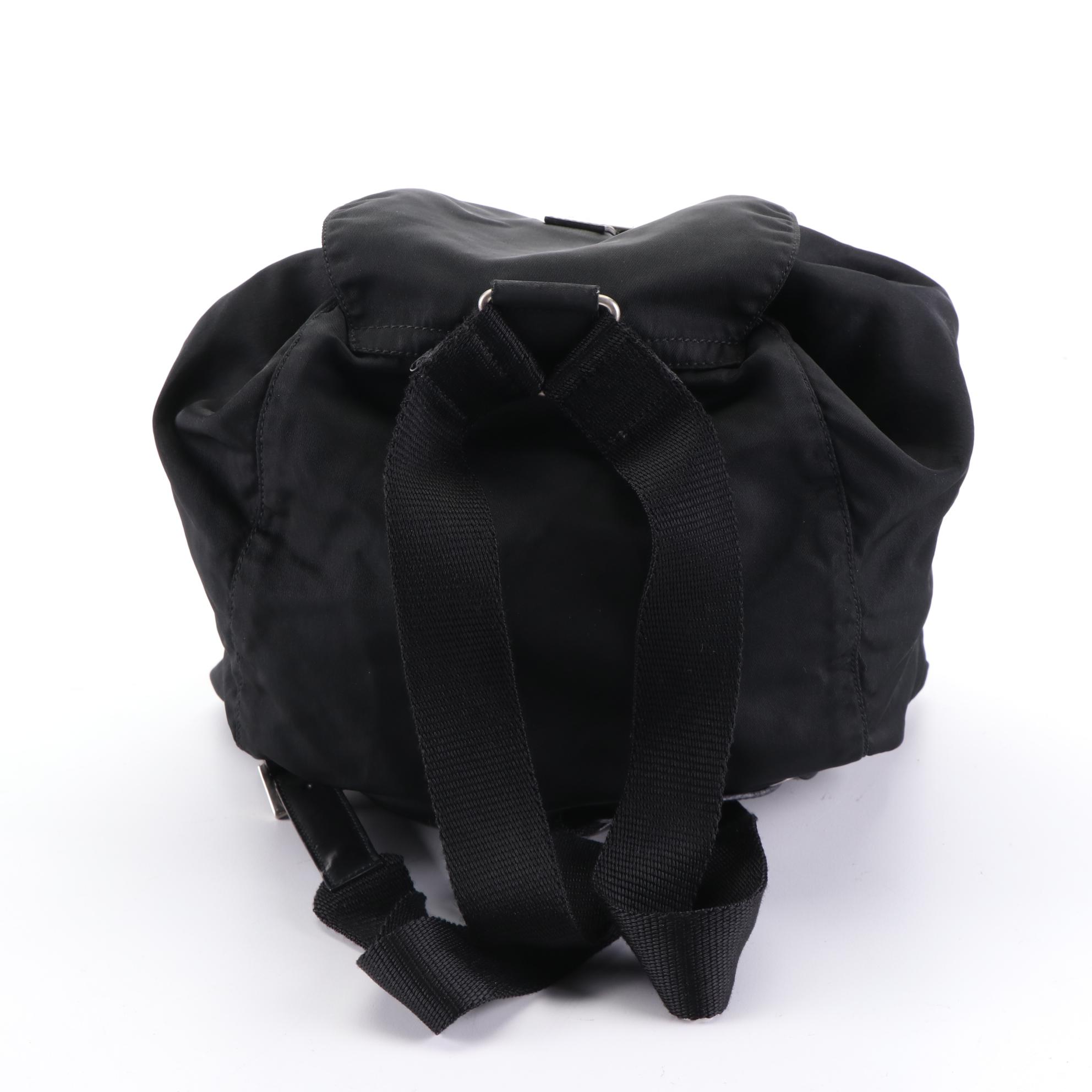 Prada Front Pocket Drawstring Backpack in Black Tessuto with Leather Trim