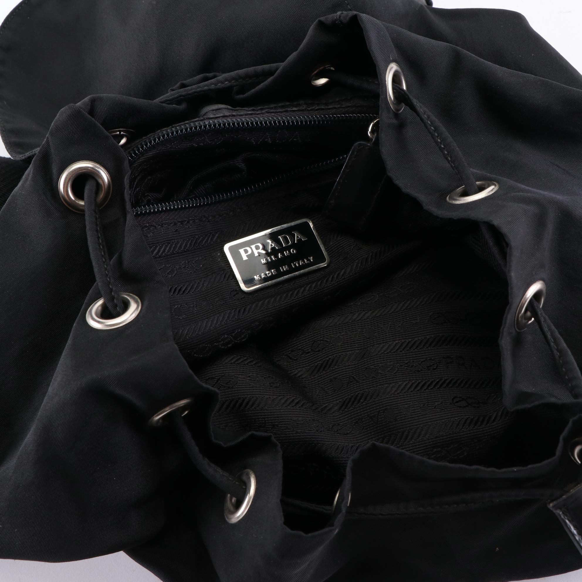 Prada Front Pocket Drawstring Backpack in Black Tessuto with Leather Trim
