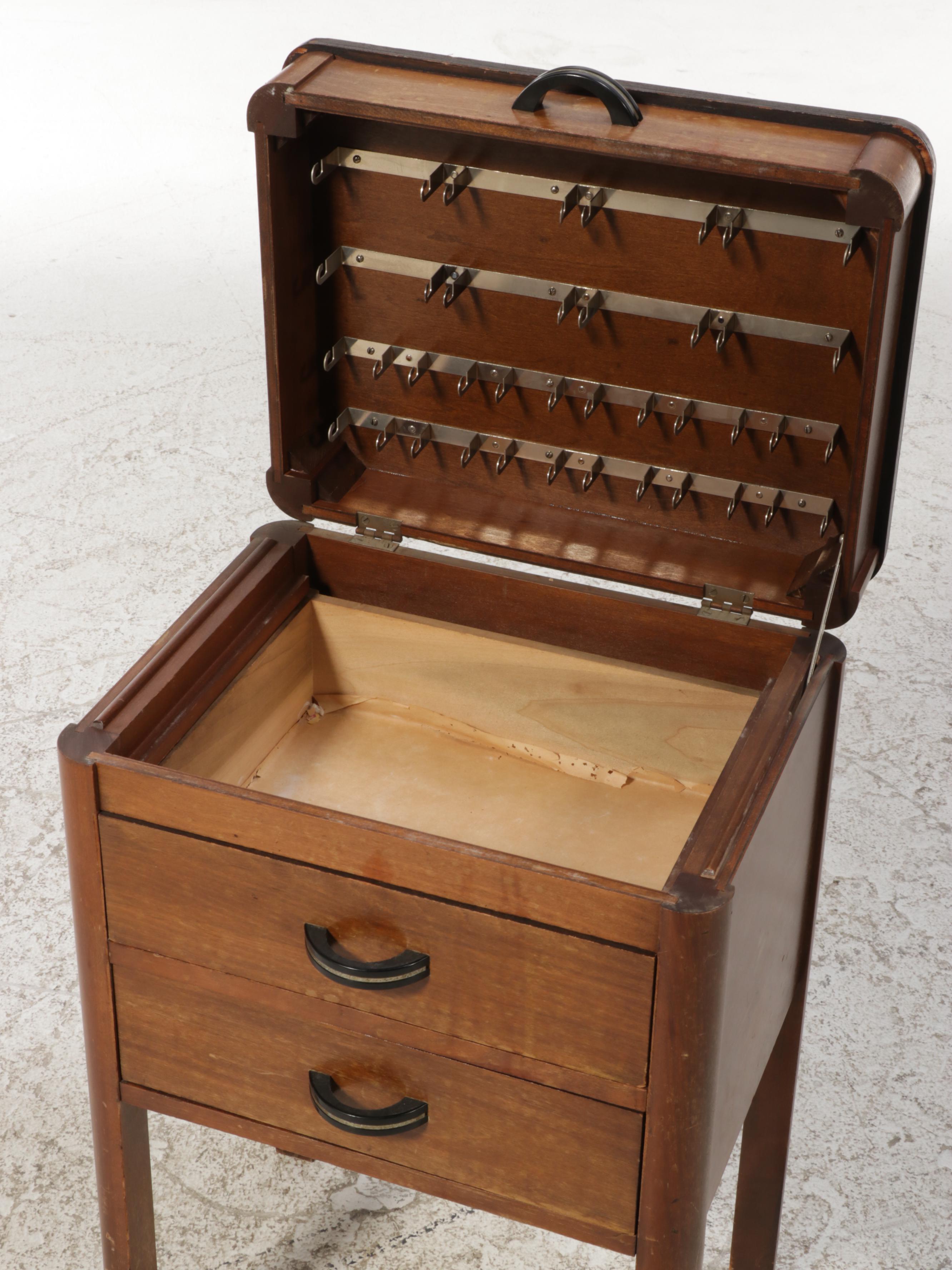 Art Deco Wooden Lift-Top Two-Drawer Sewing Stand