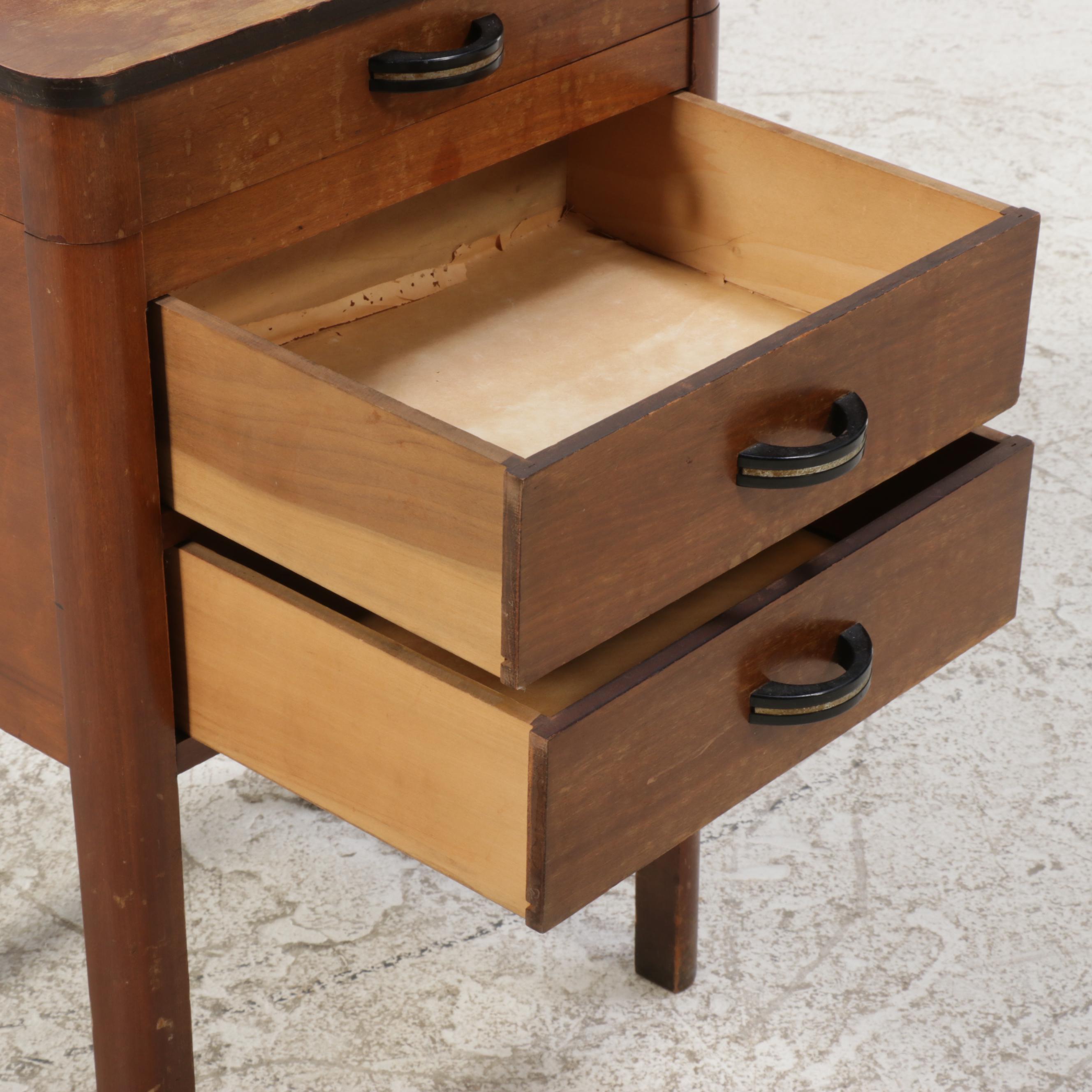 Art Deco Wooden Lift-Top Two-Drawer Sewing Stand