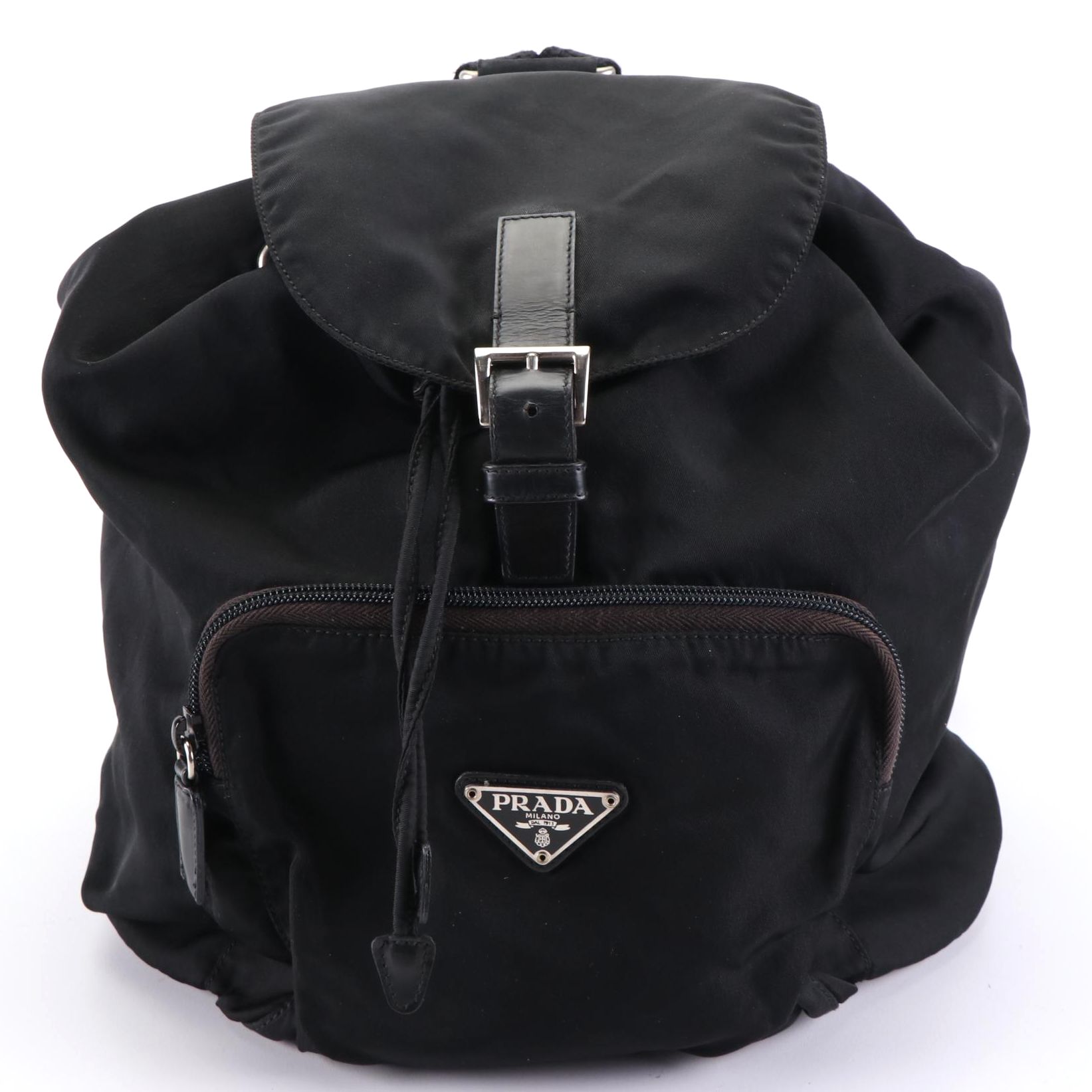 Prada Front Pocket Drawstring Backpack in Black Tessuto with Leather Trim