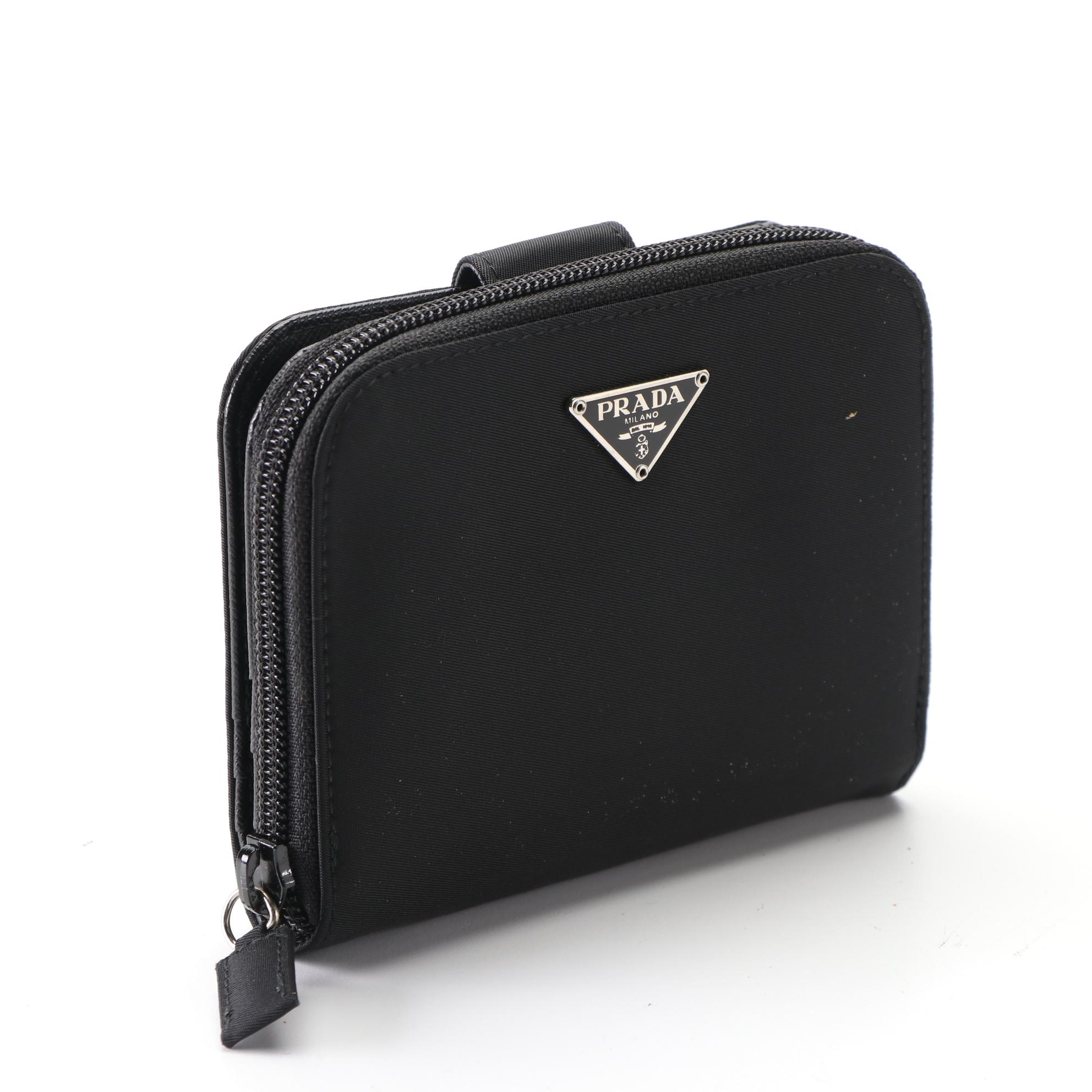 Prada Compact Zip Wallet M605 in Black Tessuto with Box