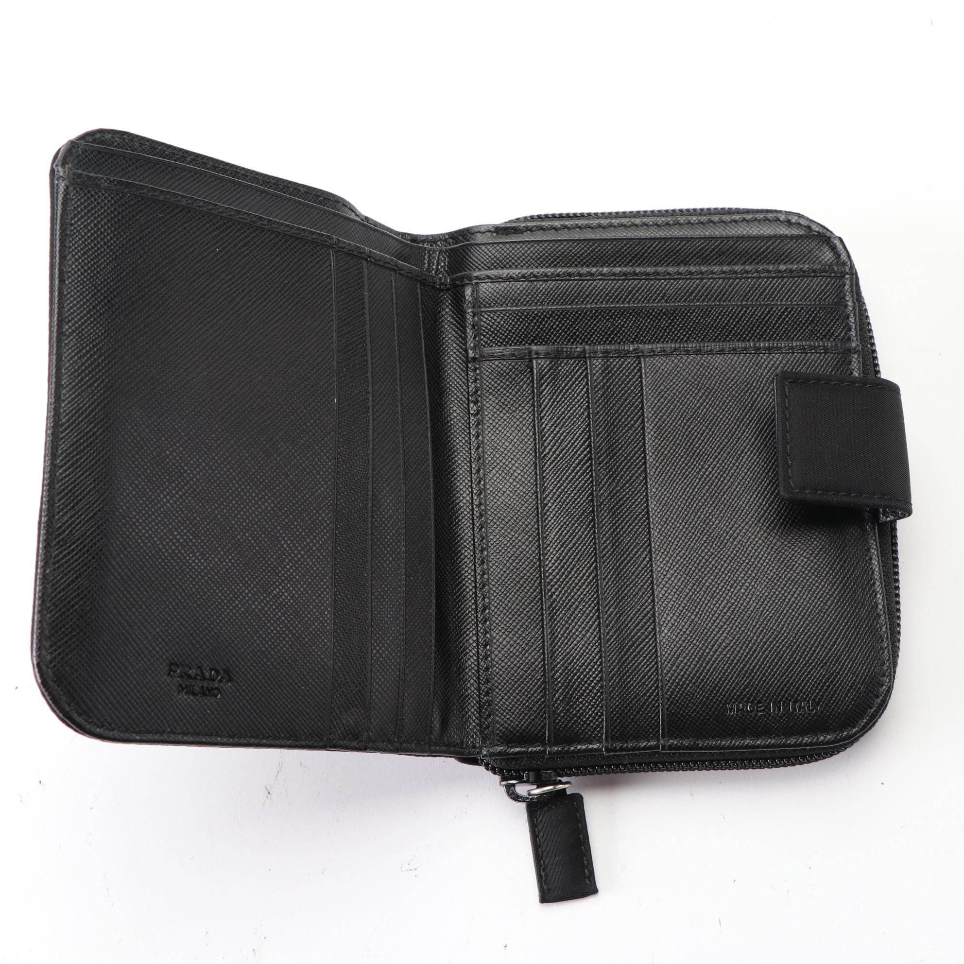 Prada Compact Zip Wallet M605 in Black Tessuto with Box