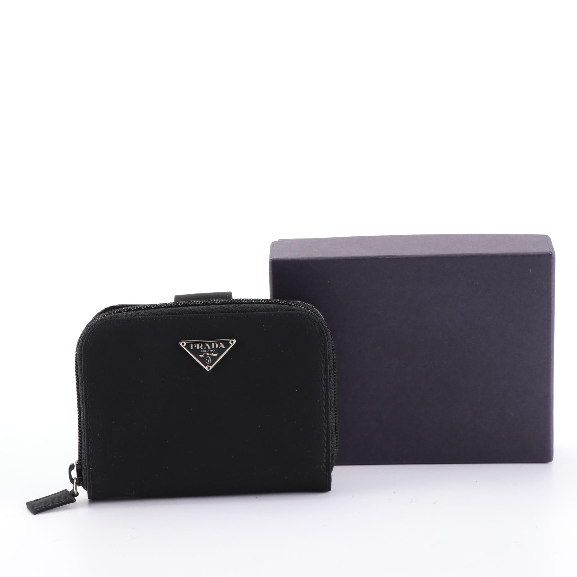 Prada Compact Zip Wallet M605 in Black Tessuto with Box
