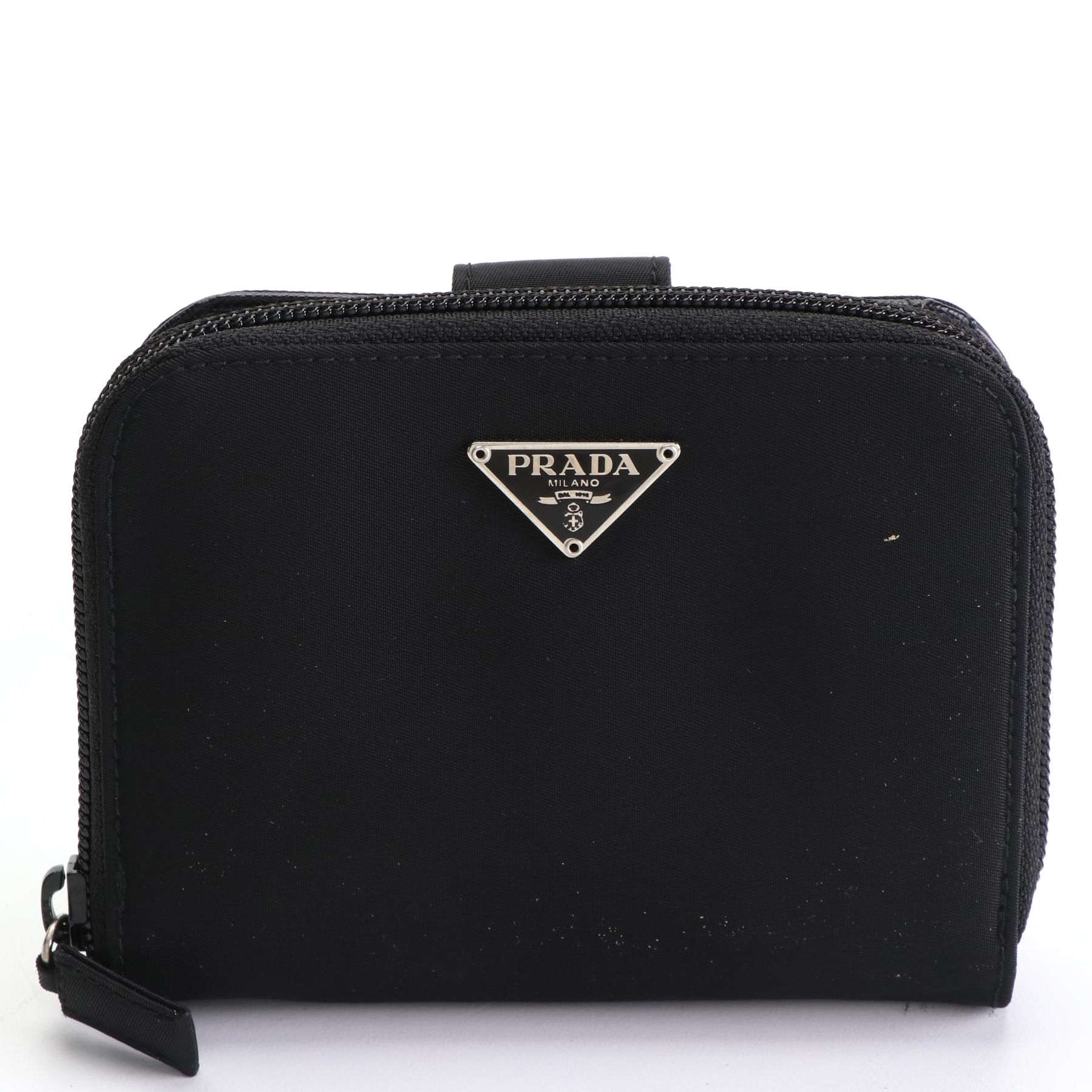 Prada Compact Zip Wallet M605 in Black Tessuto with Box