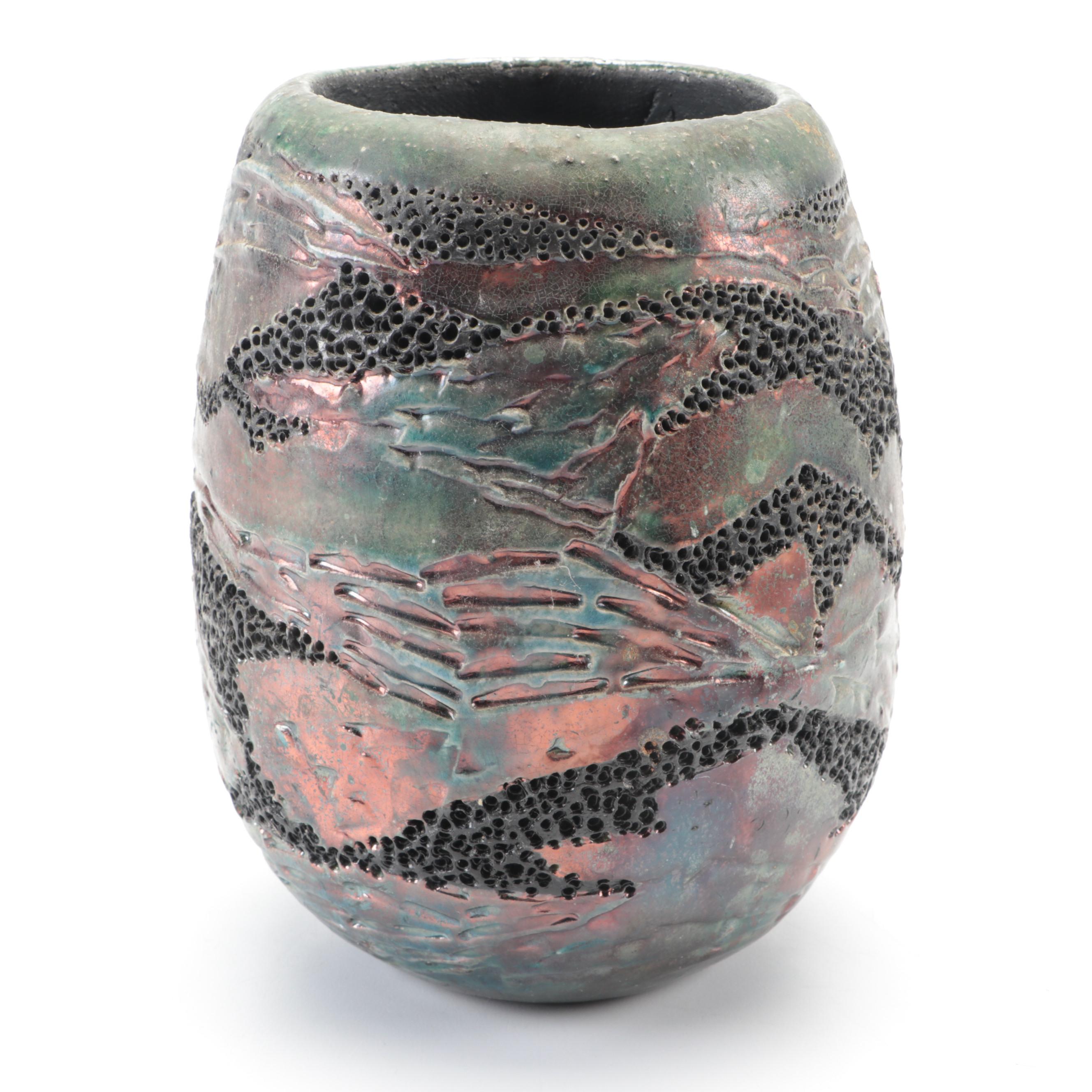 Harold Long Raku Pottery Textured Iridescent Vase | EBTH