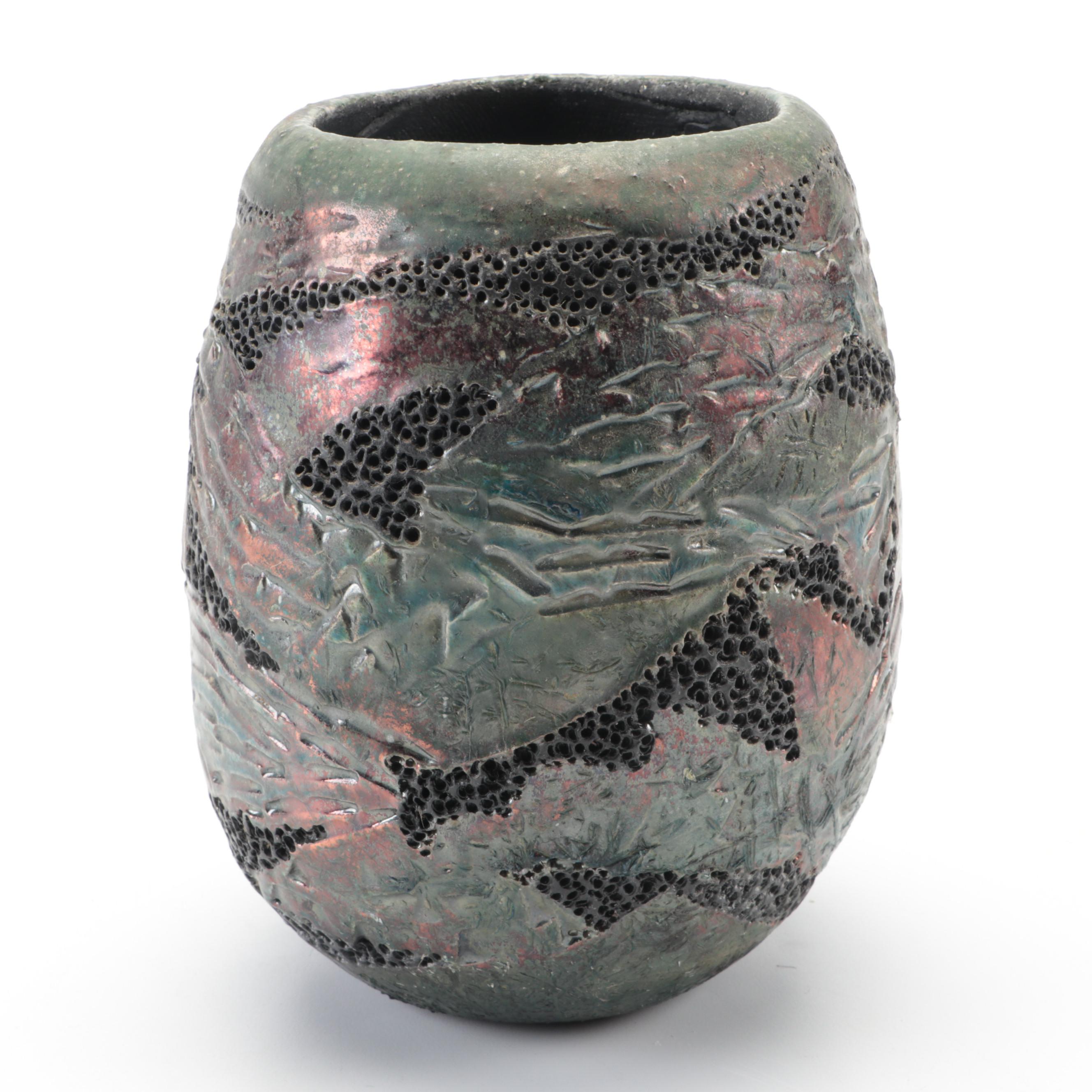 Harold Long Raku Pottery Textured Iridescent Vase | EBTH