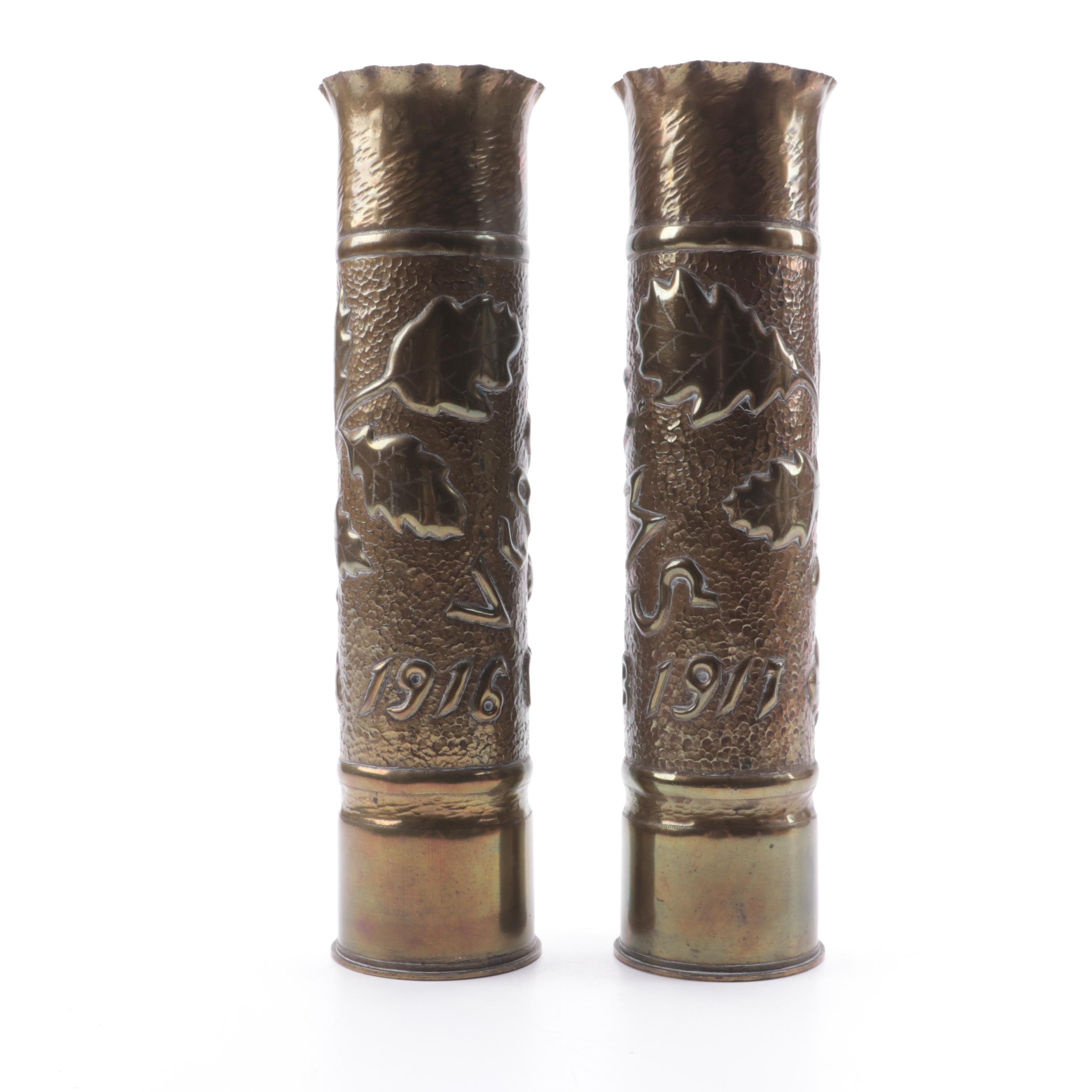 French World War I Trench Art Brass Shell Vases, 1916-1917