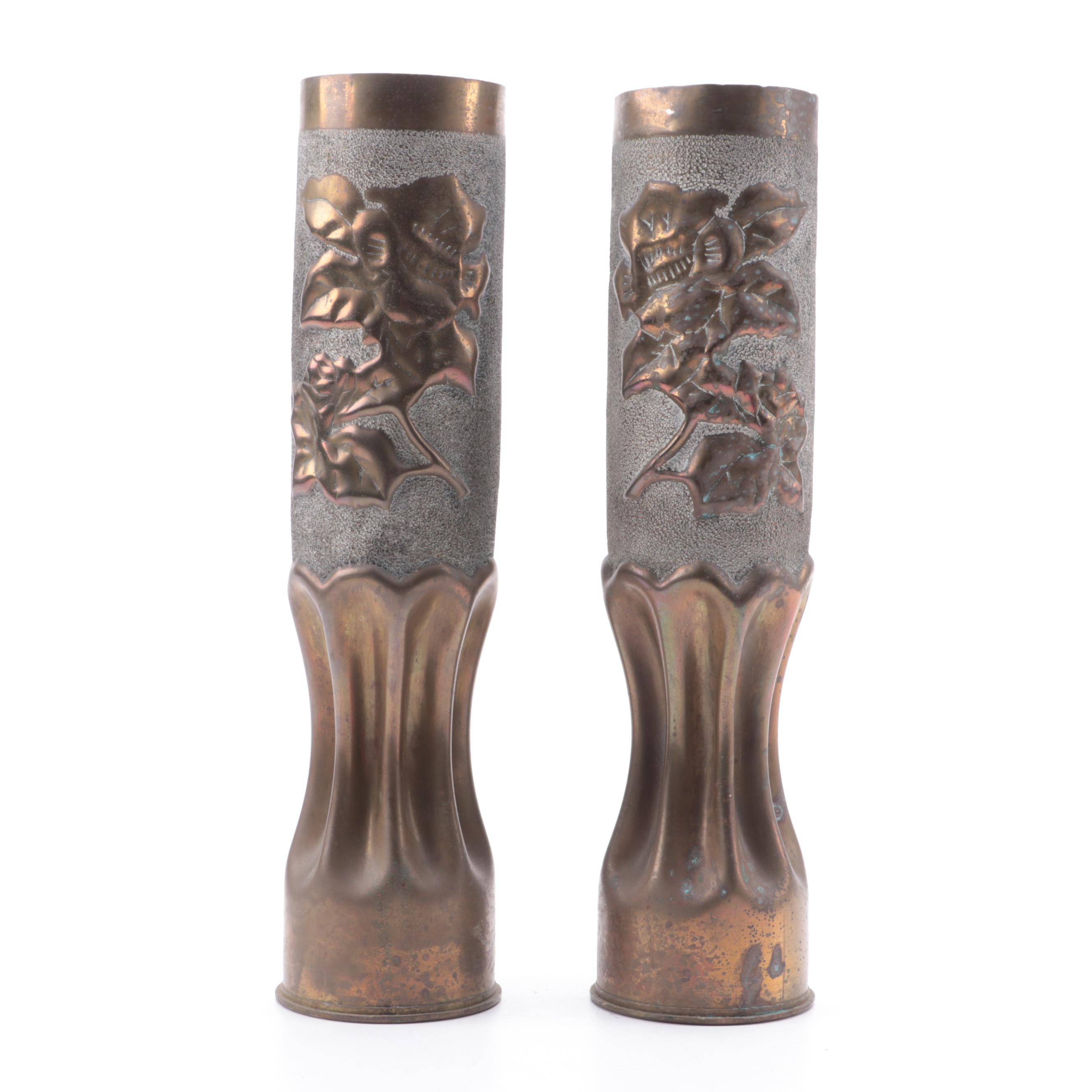 French World War I Era Brass Trench Art Shell Vases