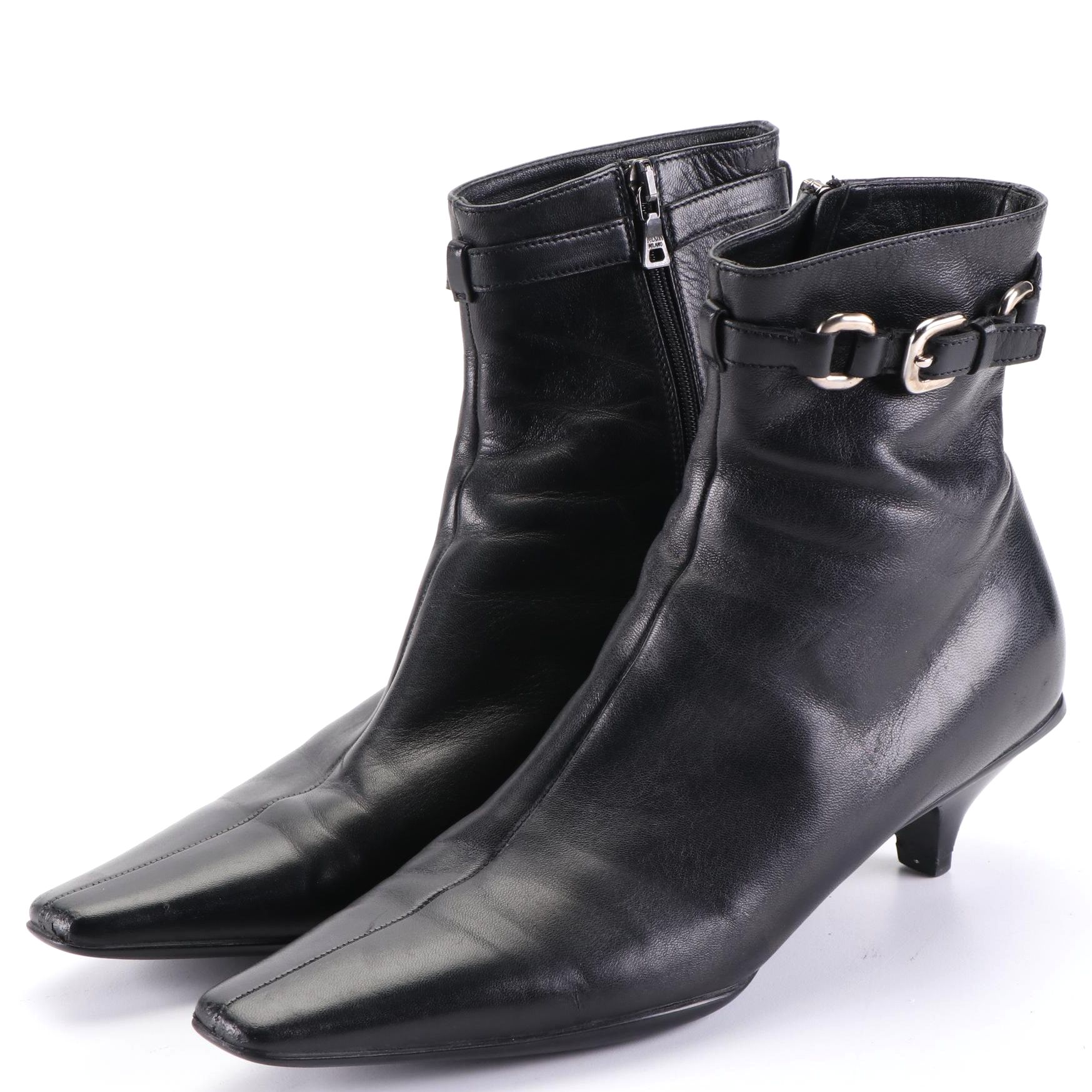 Prada Low Heel Ankle Booties in Black Leather