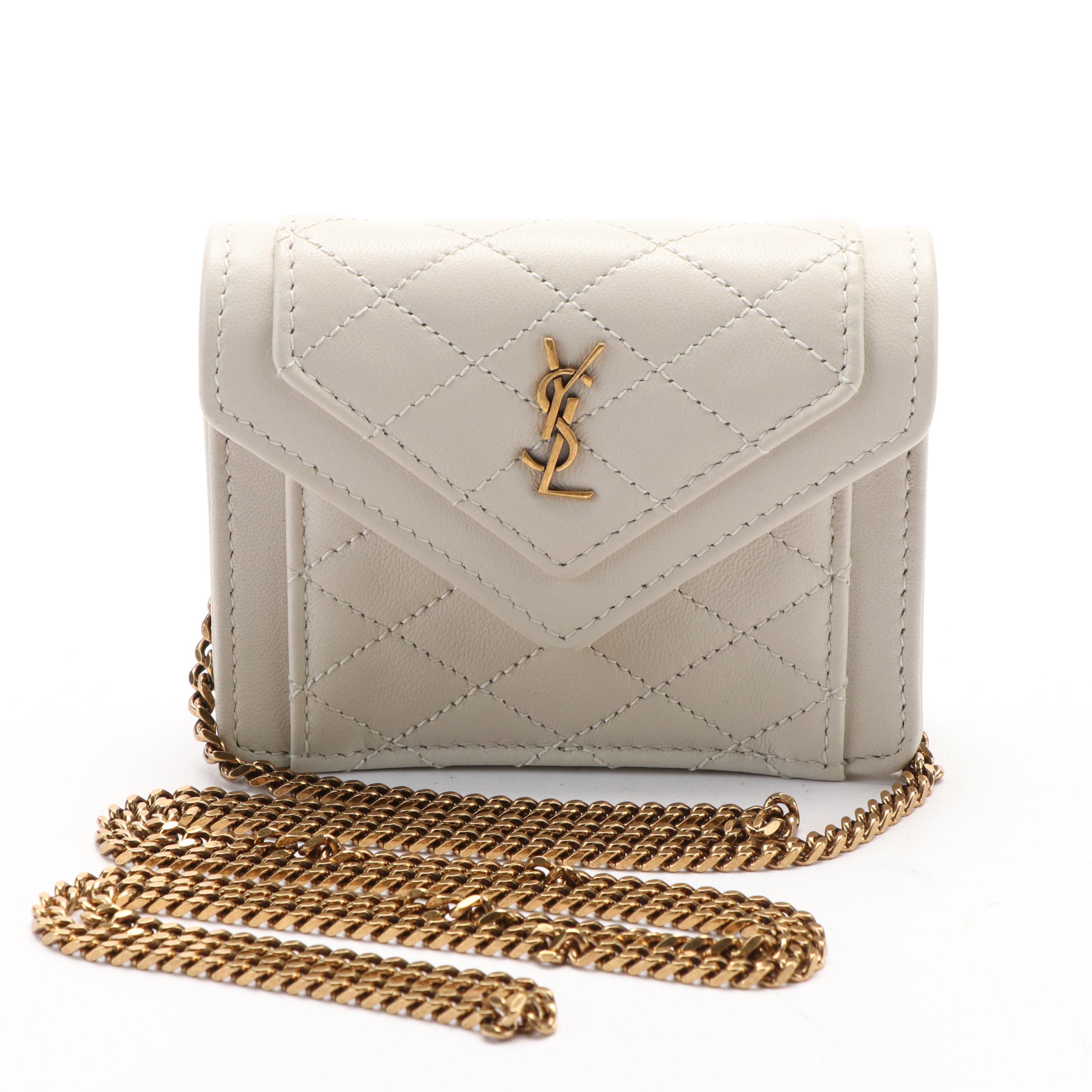 Yves Saint Laurent Card Holder in White Quilted Leather With Box