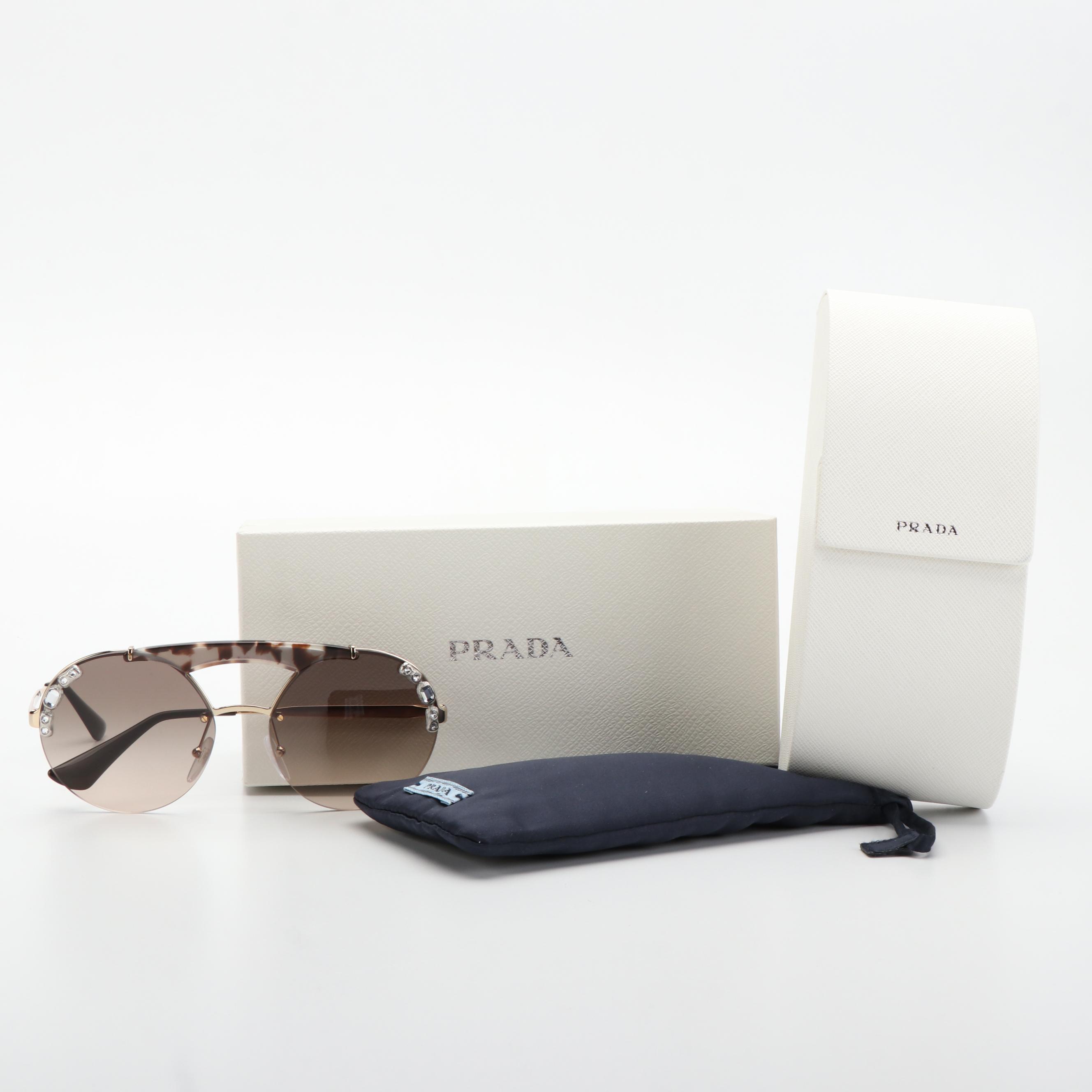 Prada PR52US Crystal Ornate Brown Havana Bar Round Sunglasses with Case and Box