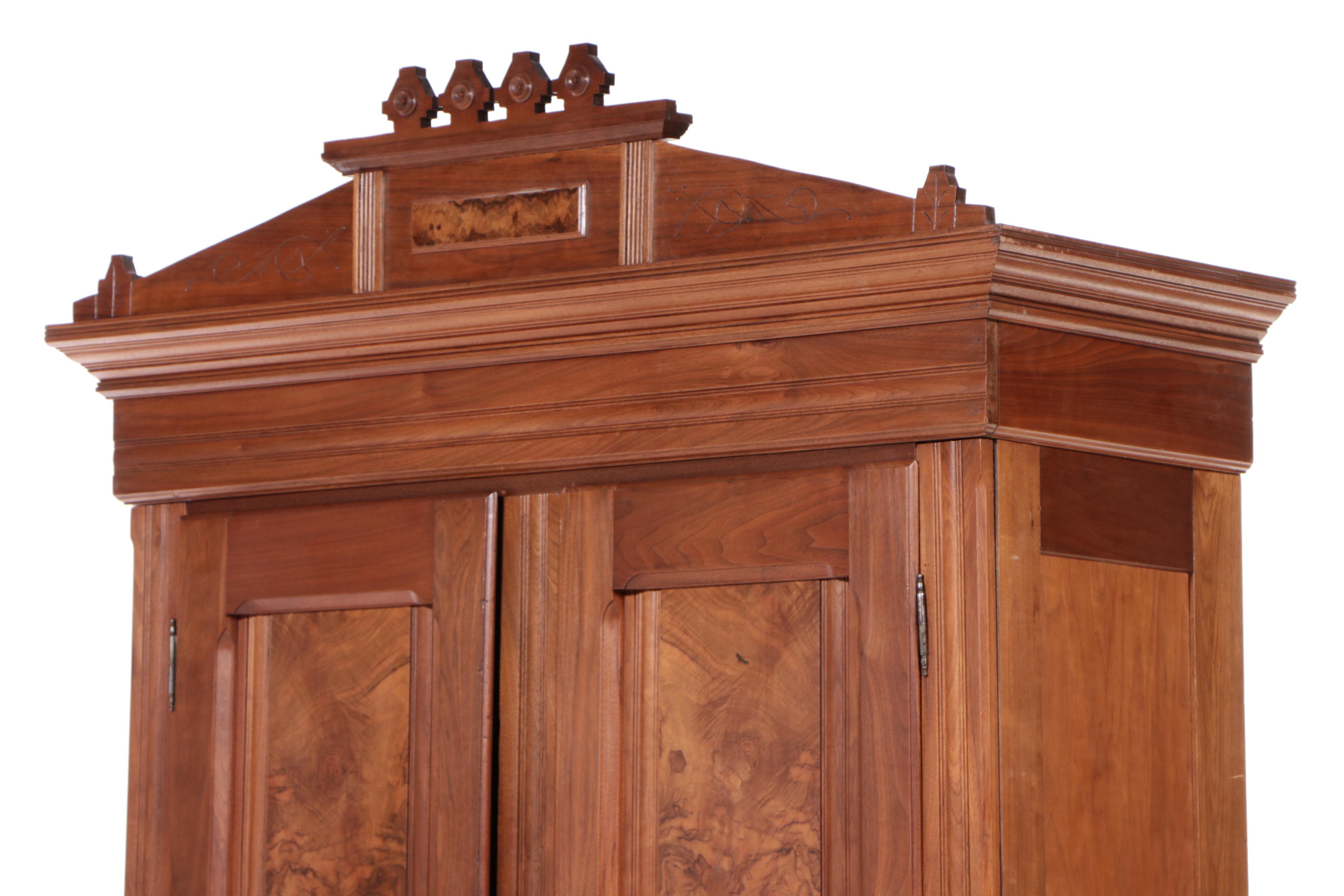 Victorian Eastlake Style Burl, Figured Walnut and Walnut Knockdown Wardrobe