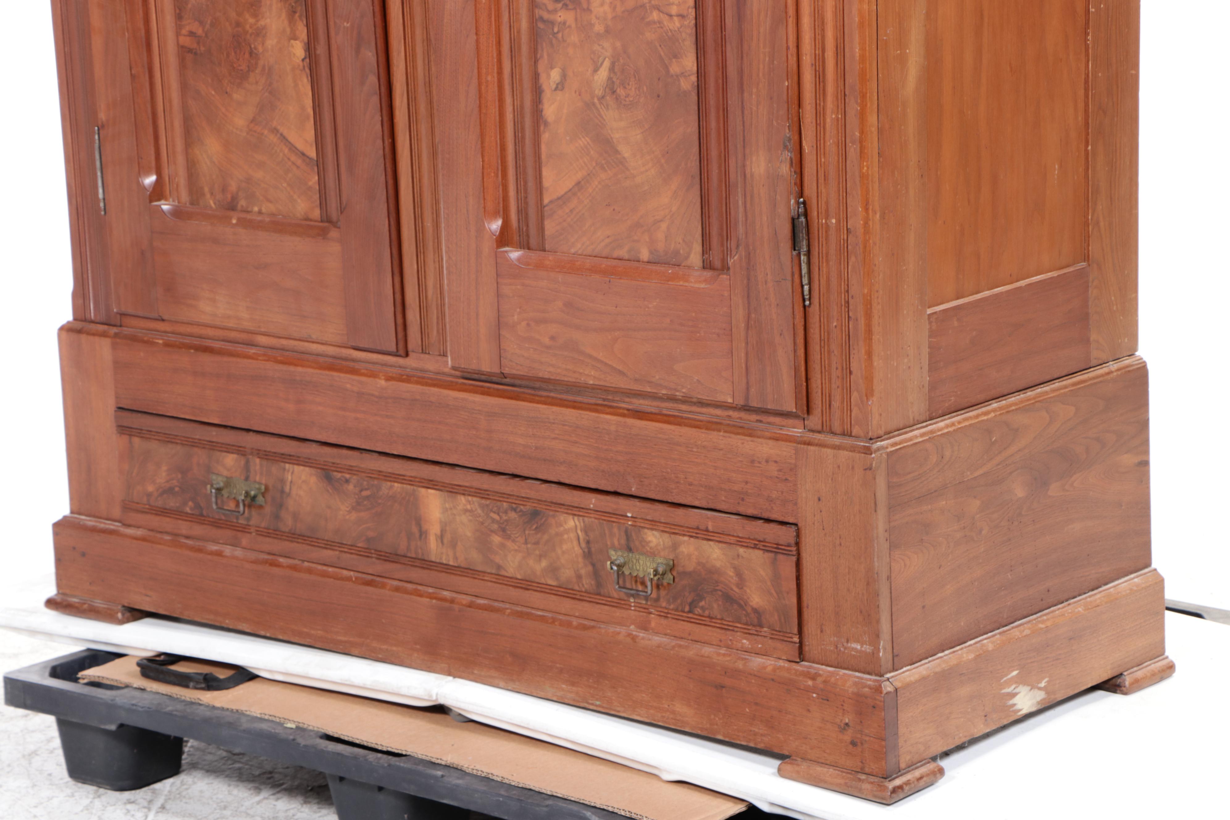 Victorian Eastlake Style Burl, Figured Walnut and Walnut Knockdown Wardrobe