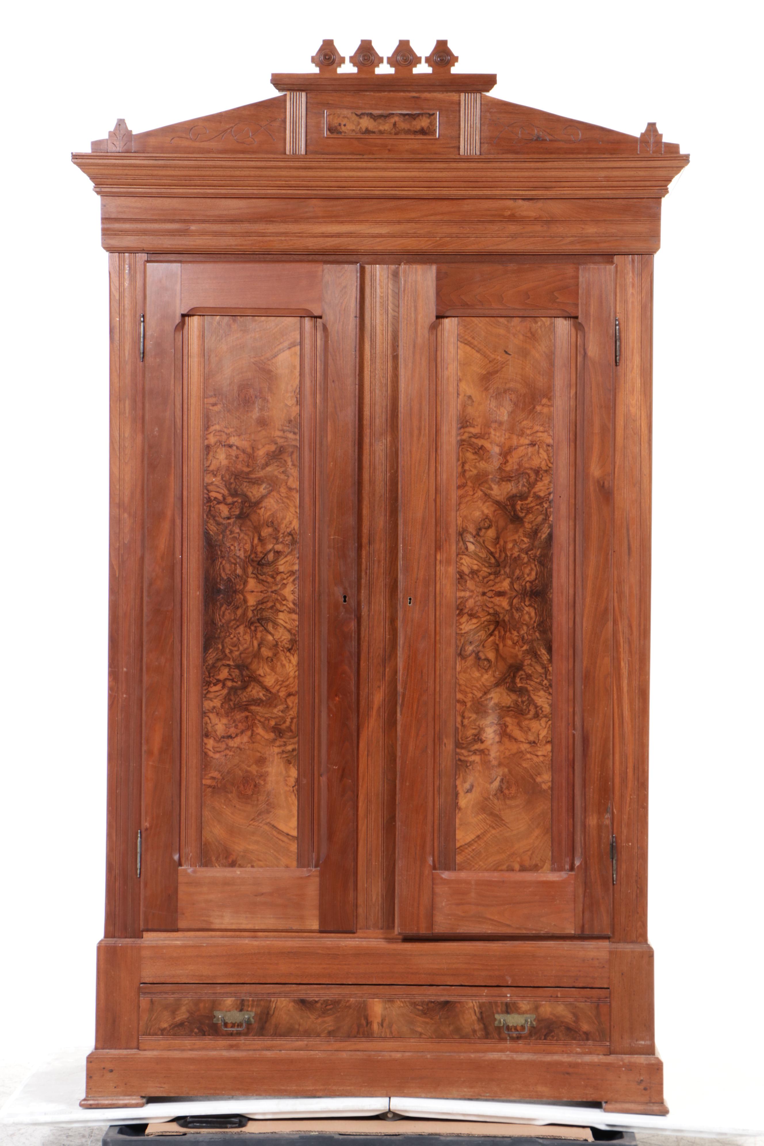 Victorian Eastlake Style Burl, Figured Walnut and Walnut Knockdown Wardrobe