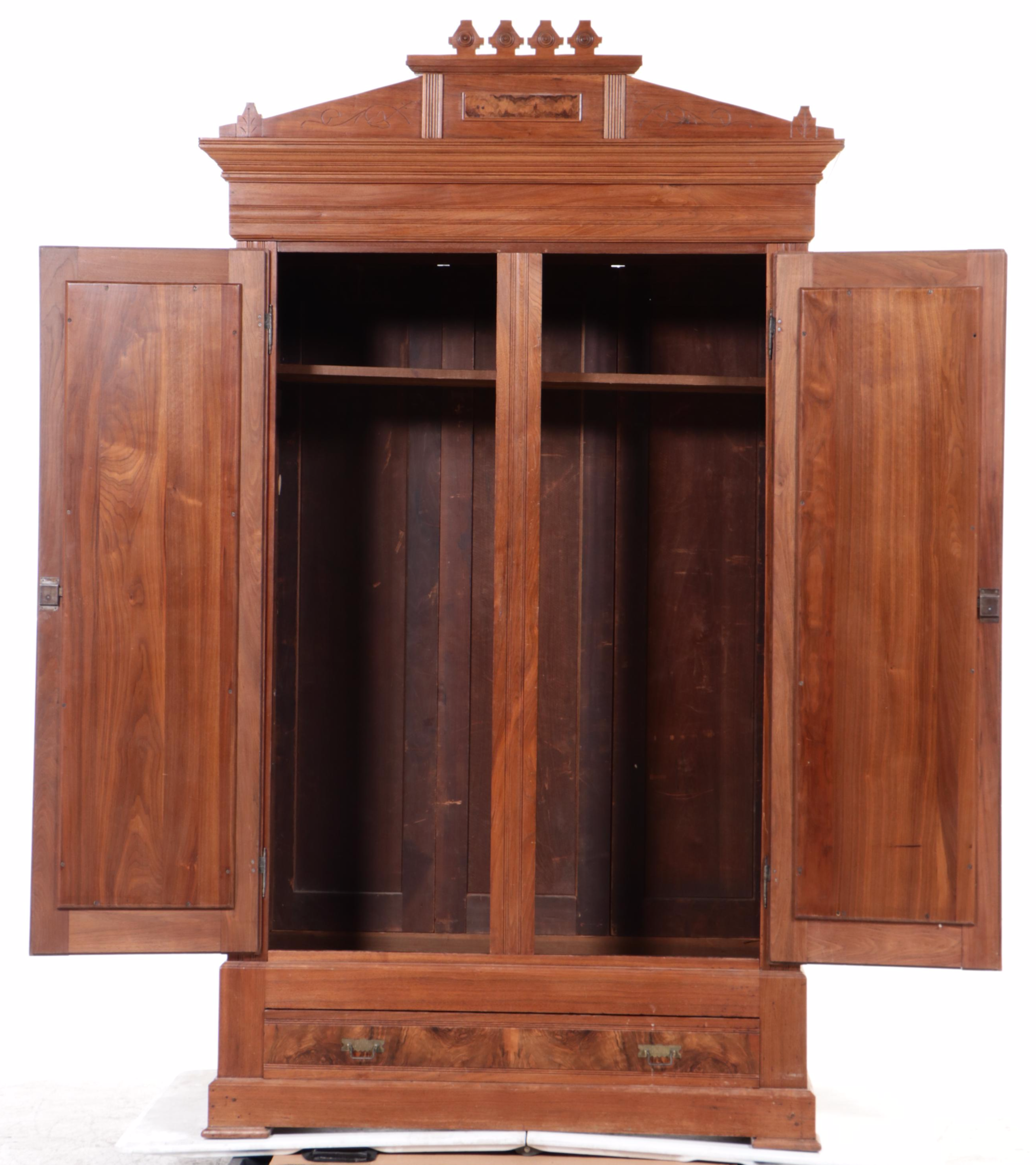 Victorian Eastlake Style Burl, Figured Walnut and Walnut Knockdown Wardrobe