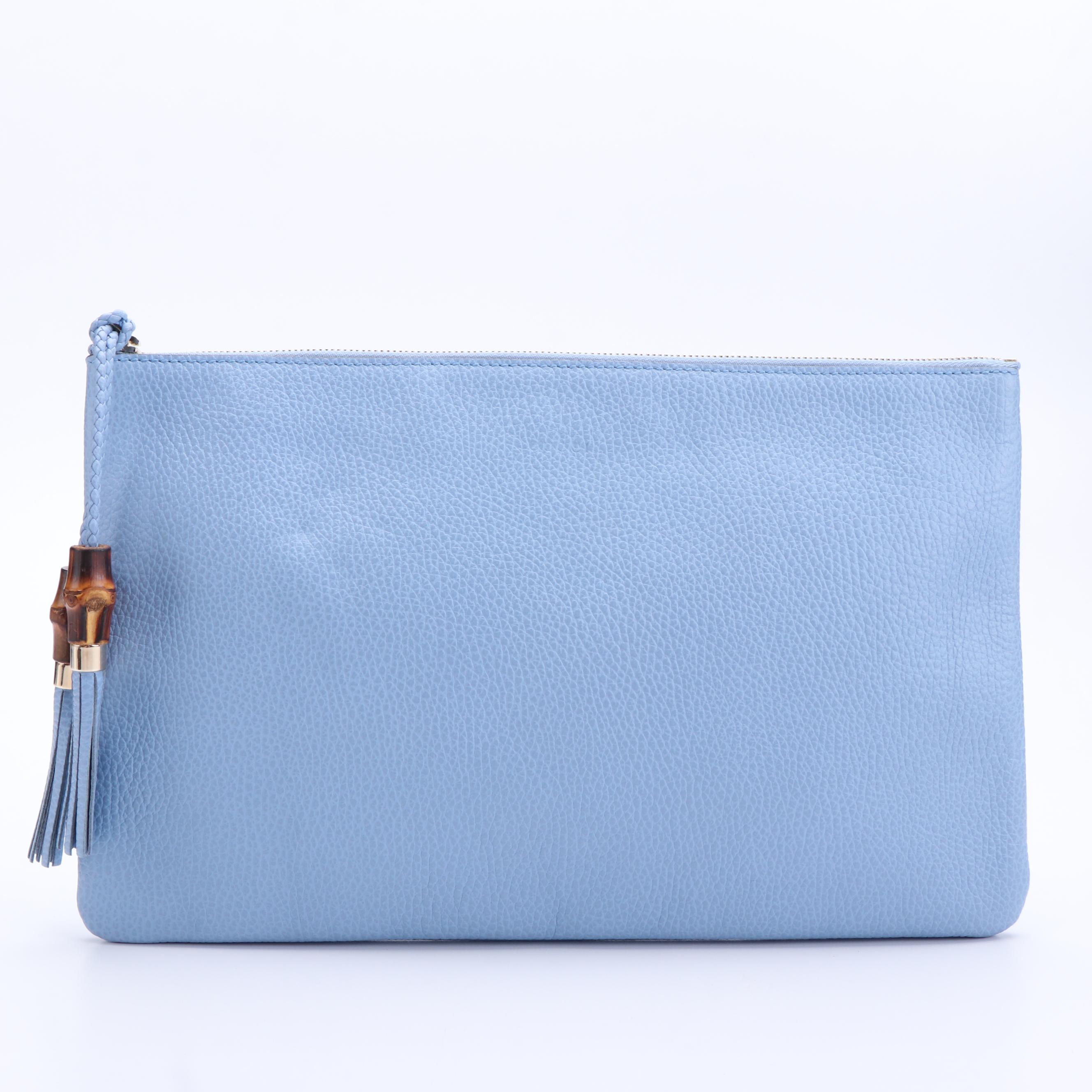 Gucci Bamboo Fringe Clutch Bag in Light Blue Textured Leather