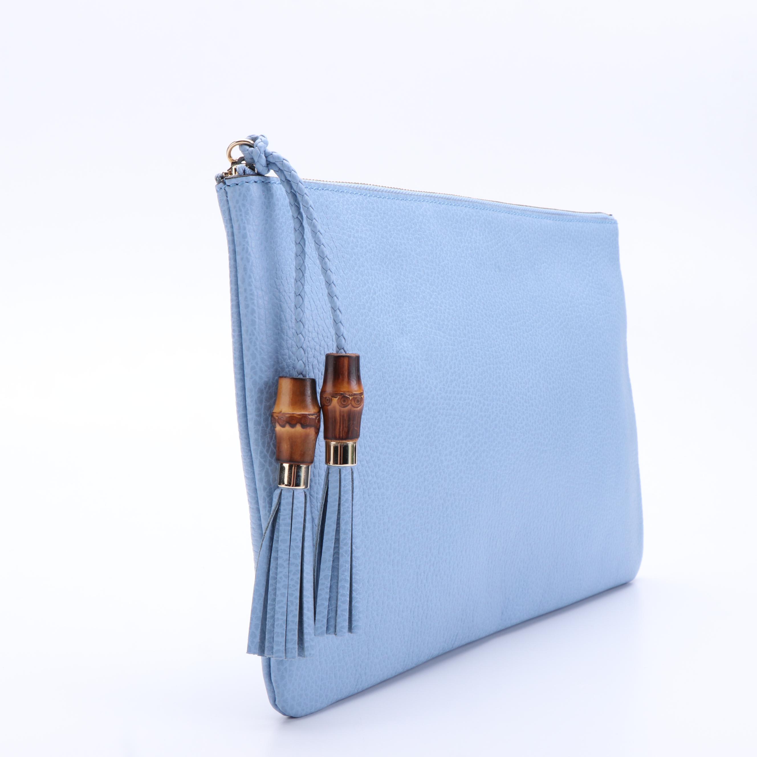 Gucci Bamboo Fringe Clutch Bag in Light Blue Textured Leather