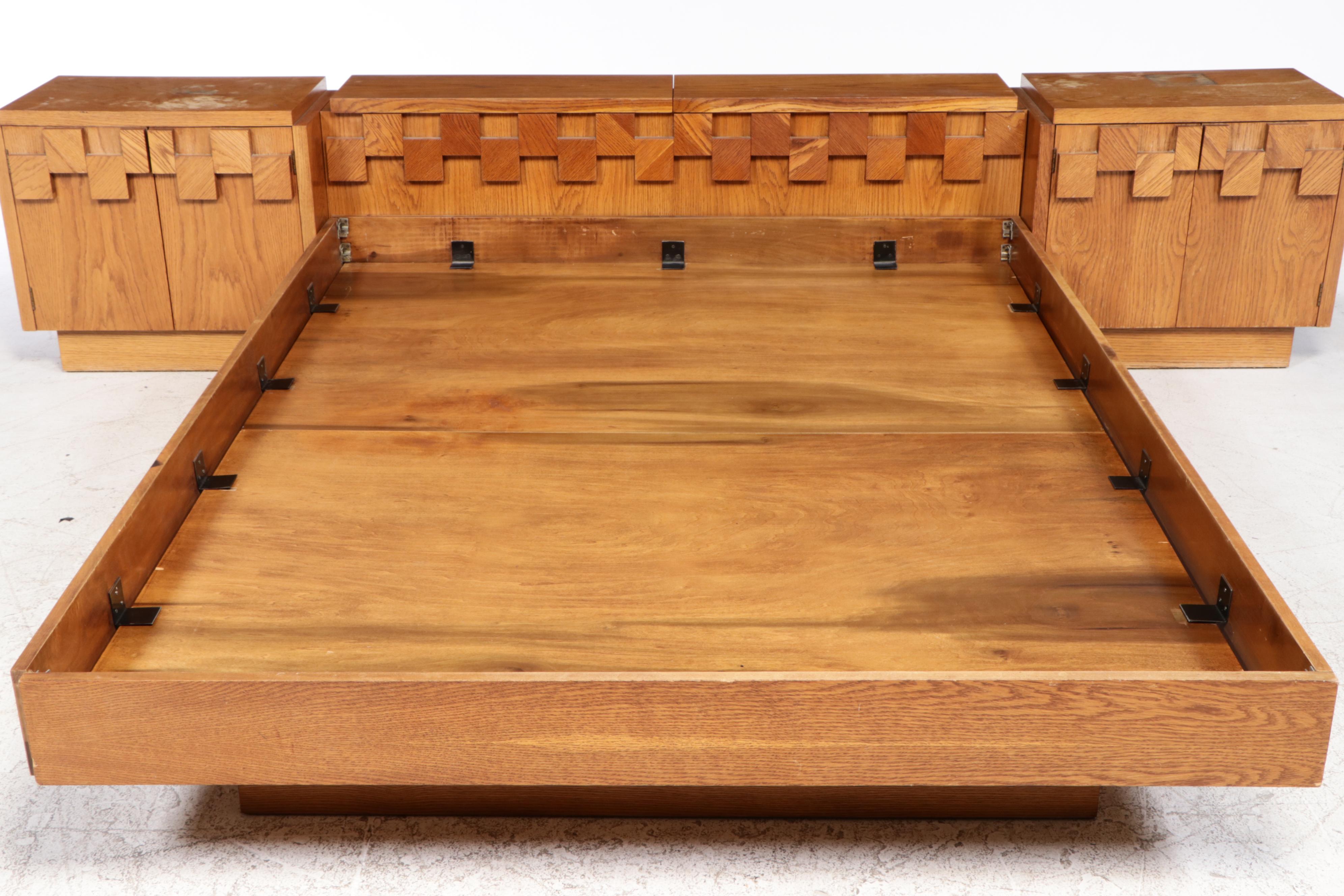 Lane Brutalist Oak Queen Size Bed Frame and Pair of Nightstands, circa 1970