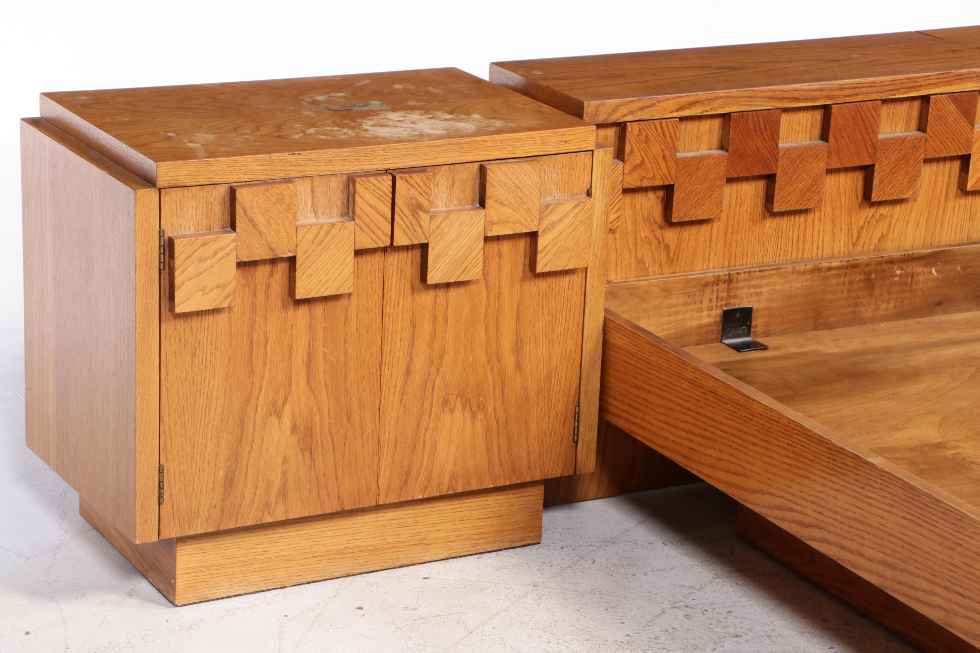 Lane Brutalist Oak Queen Size Bed Frame and Pair of Nightstands, circa 1970