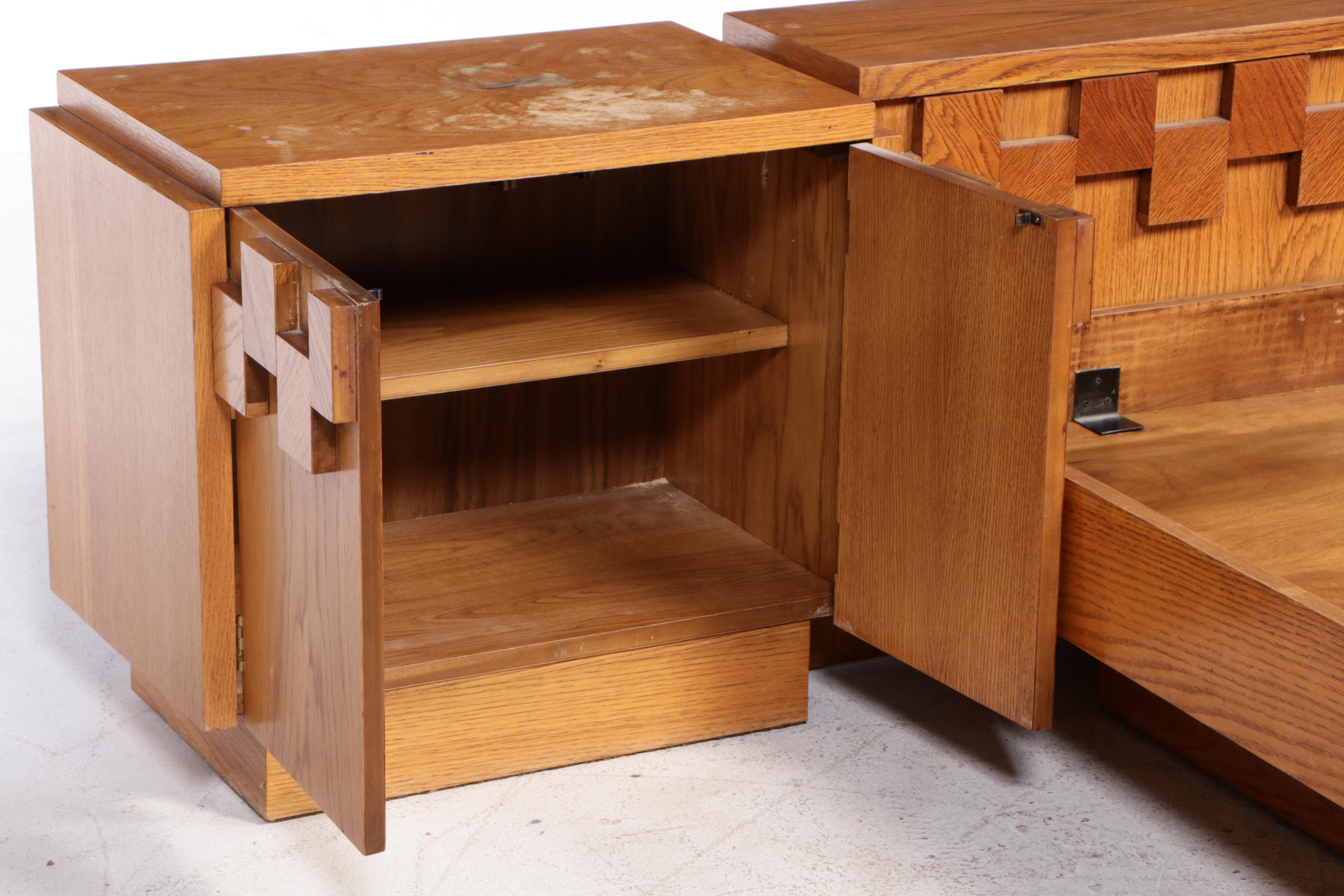 Lane Brutalist Oak Queen Size Bed Frame and Pair of Nightstands, circa 1970