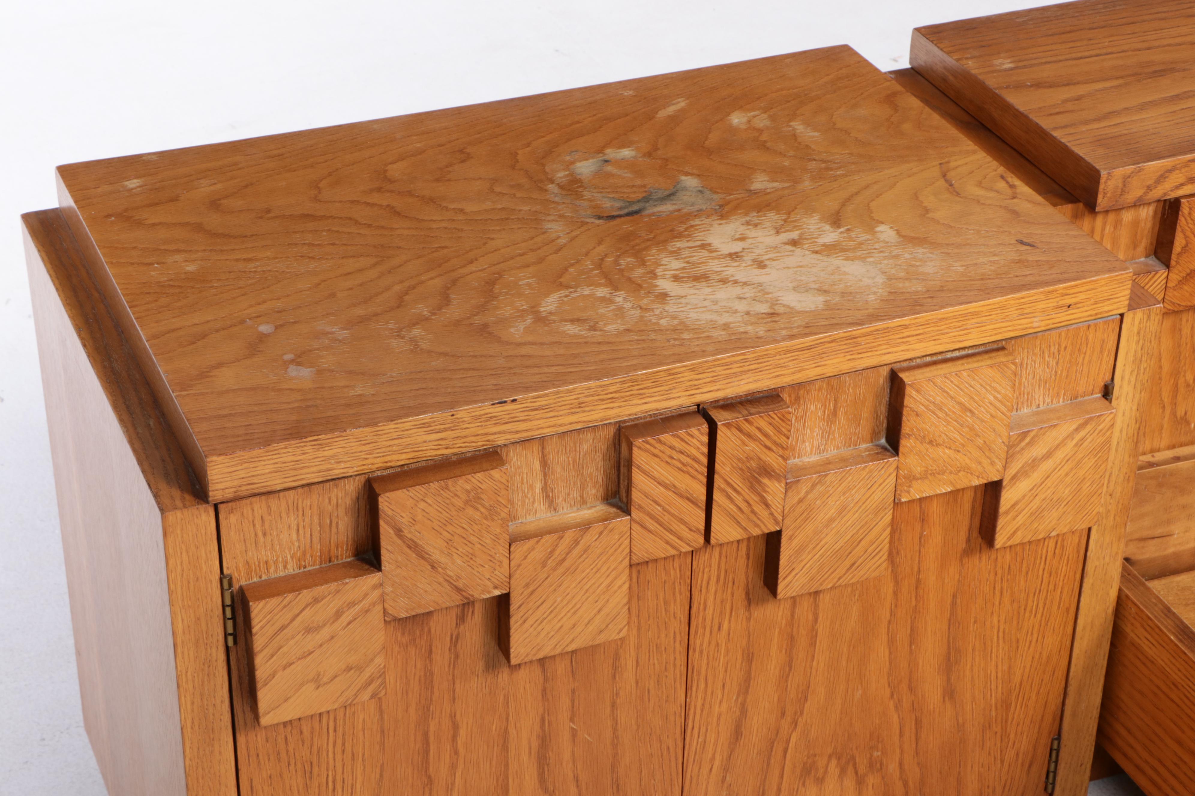 Lane Brutalist Oak Queen Size Bed Frame and Pair of Nightstands, circa 1970