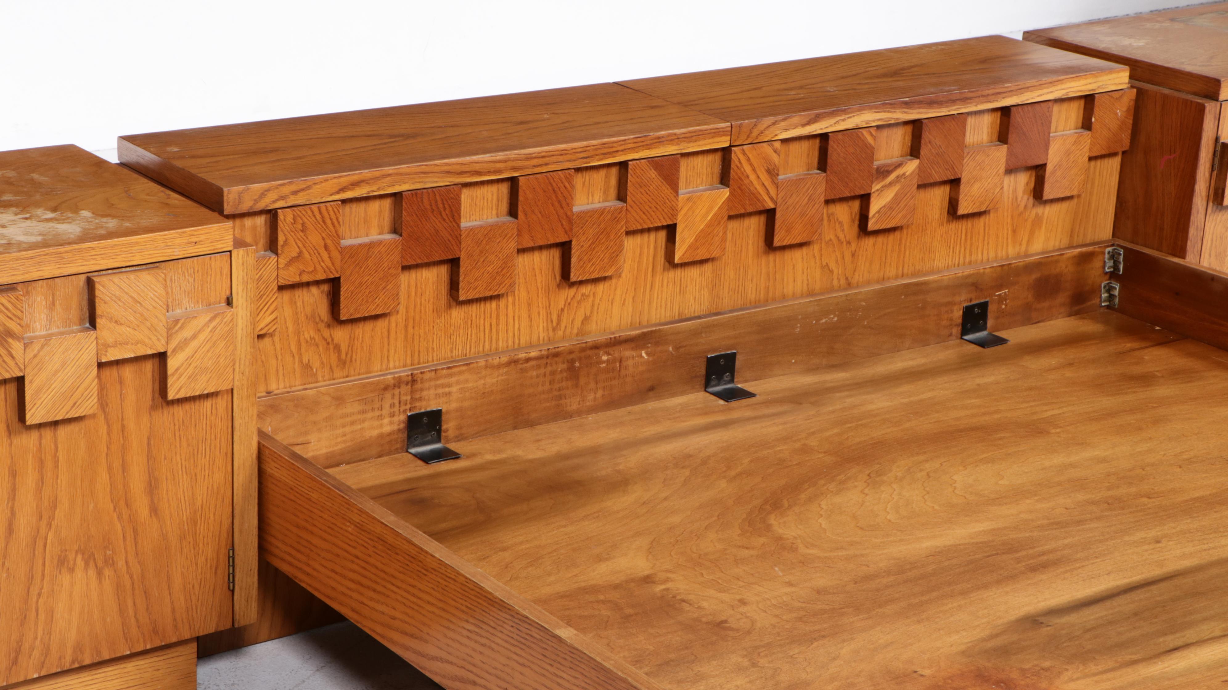 Lane Brutalist Oak Queen Size Bed Frame and Pair of Nightstands, circa 1970