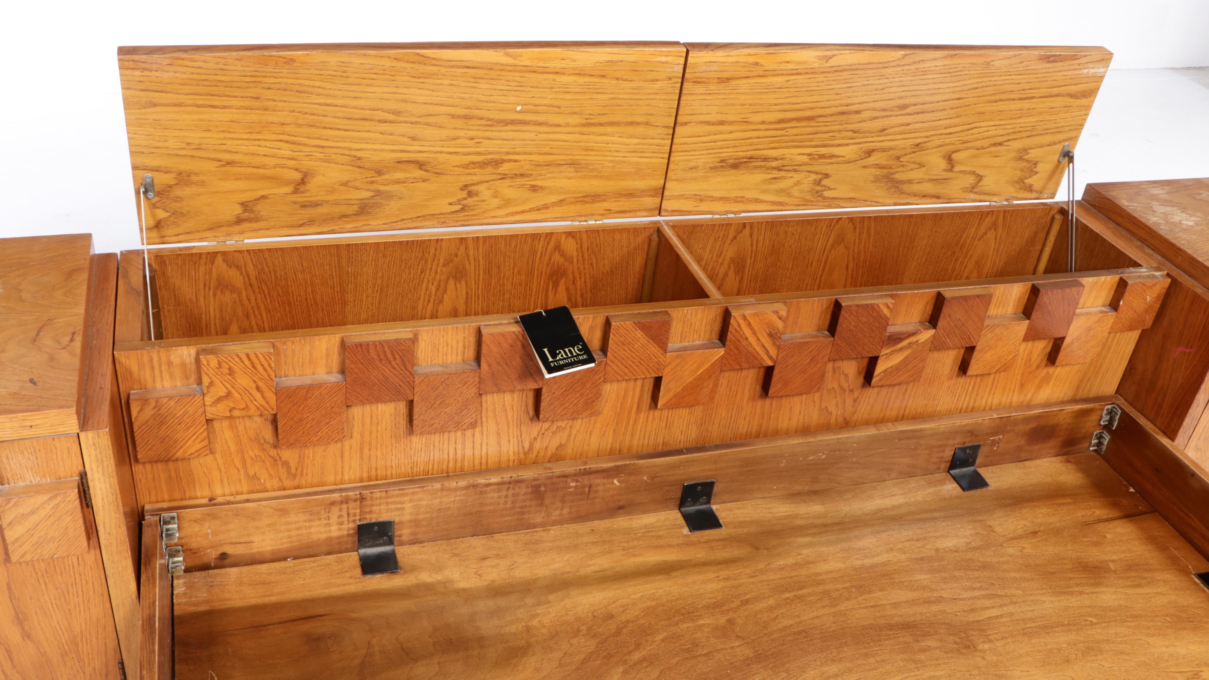 Lane Brutalist Oak Queen Size Bed Frame and Pair of Nightstands, circa 1970