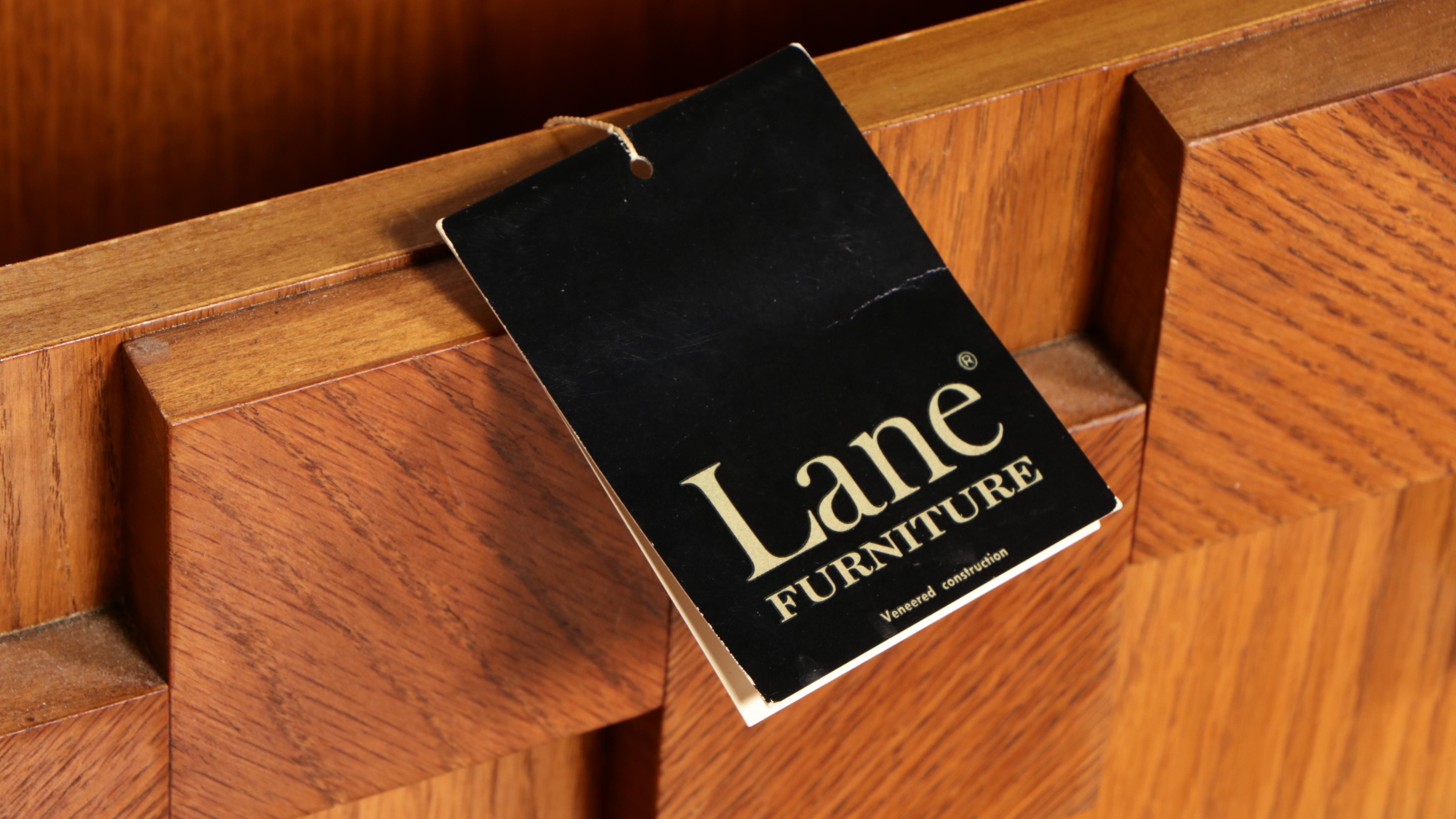 Lane Brutalist Oak Queen Size Bed Frame and Pair of Nightstands, circa 1970