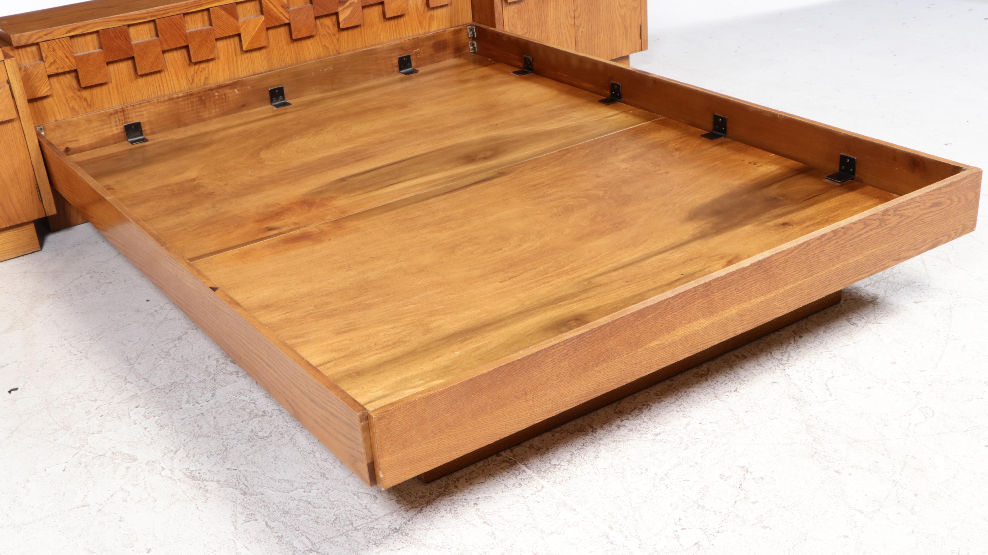 Lane Brutalist Oak Queen Size Bed Frame and Pair of Nightstands, circa 1970