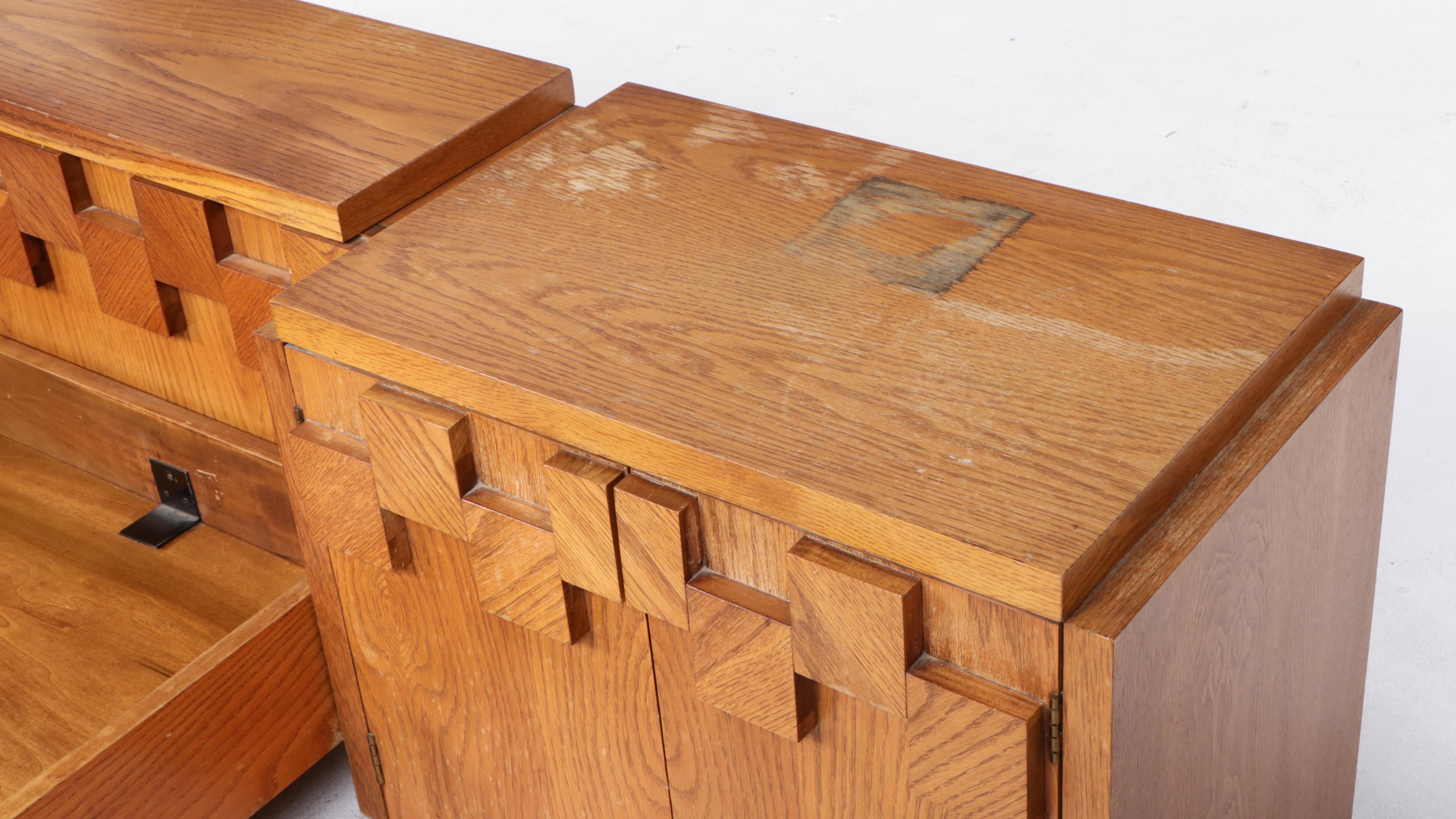Lane Brutalist Oak Queen Size Bed Frame and Pair of Nightstands, circa 1970