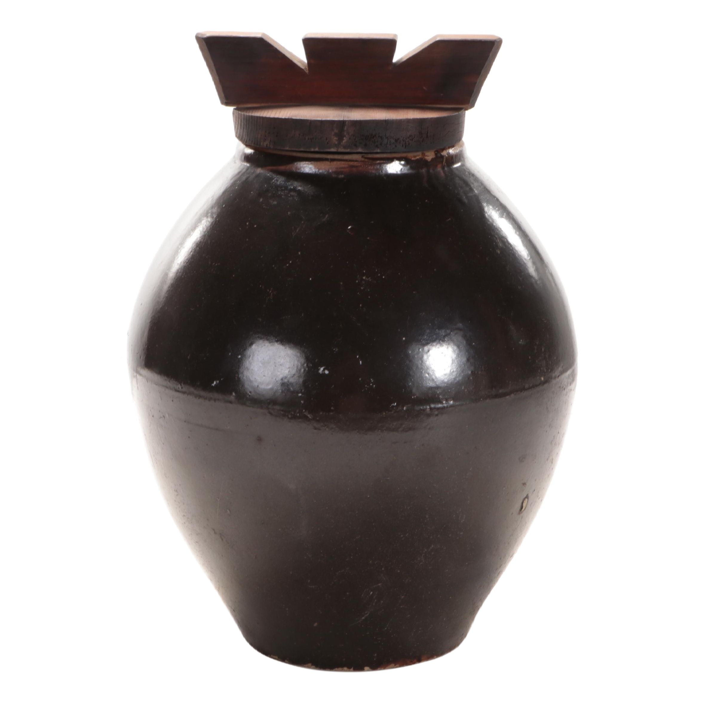 Southeast Asian Stoneware Pickling Crock with Wooden Lid