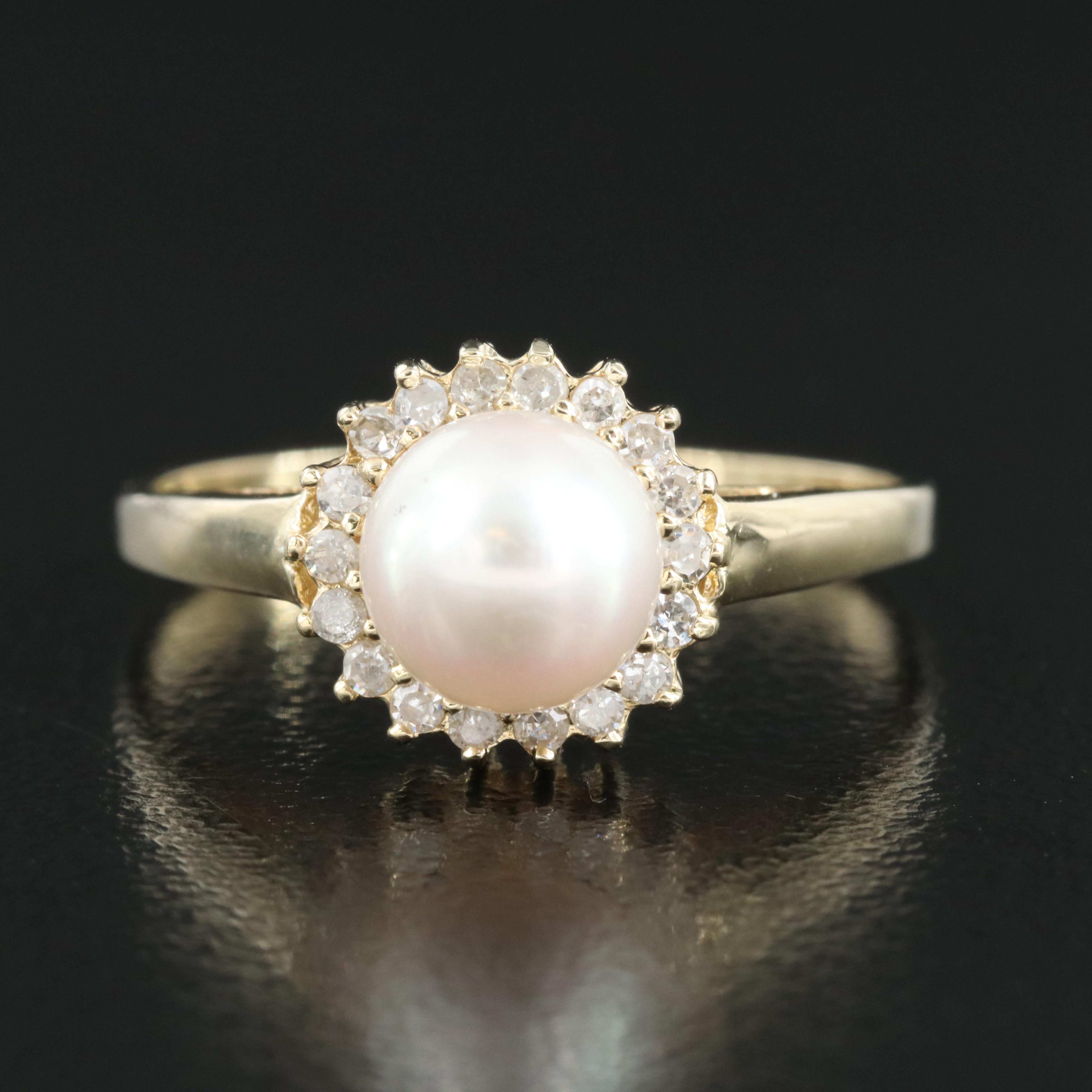 14K Pearl and Diamond Halo Ring