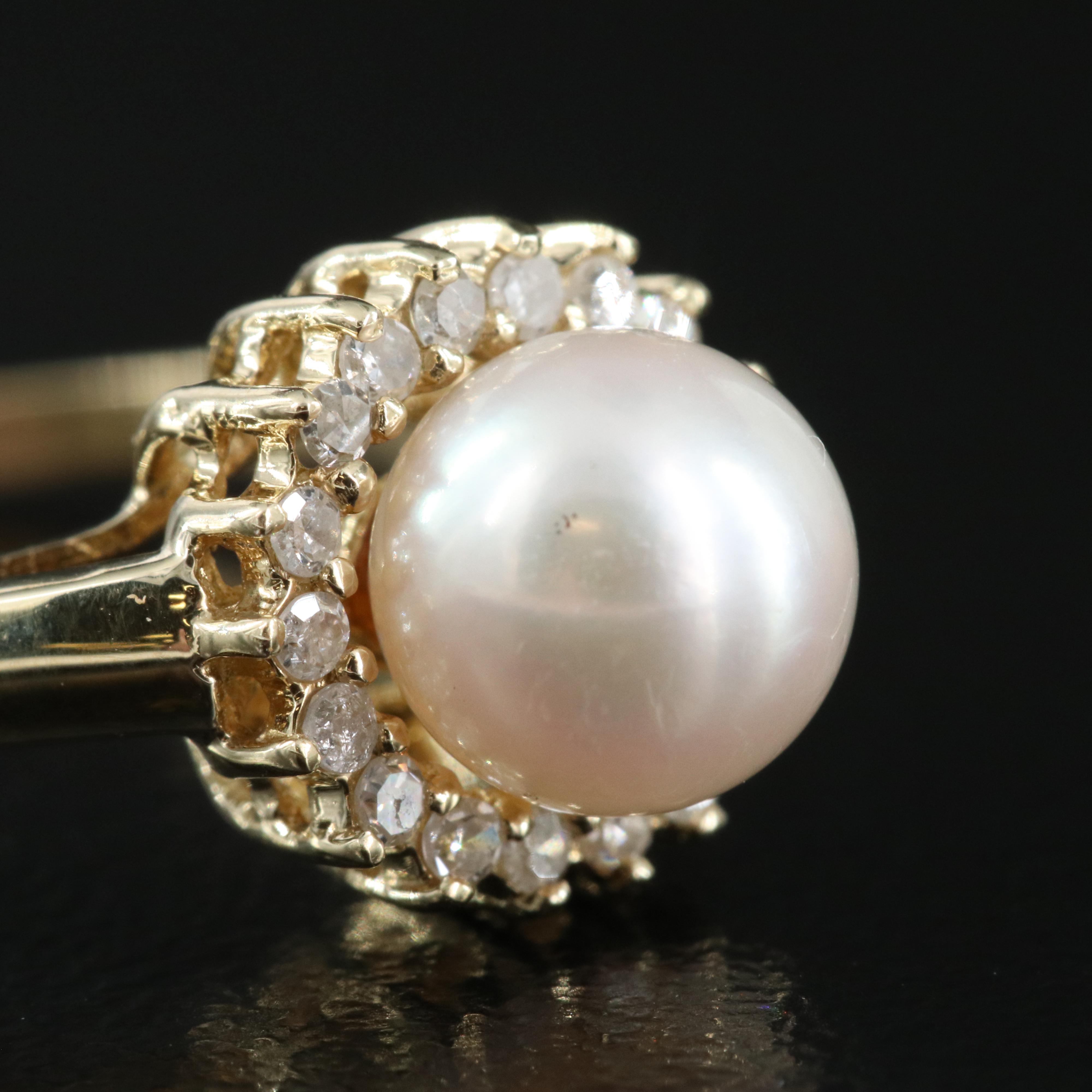 14K Pearl and Diamond Halo Ring