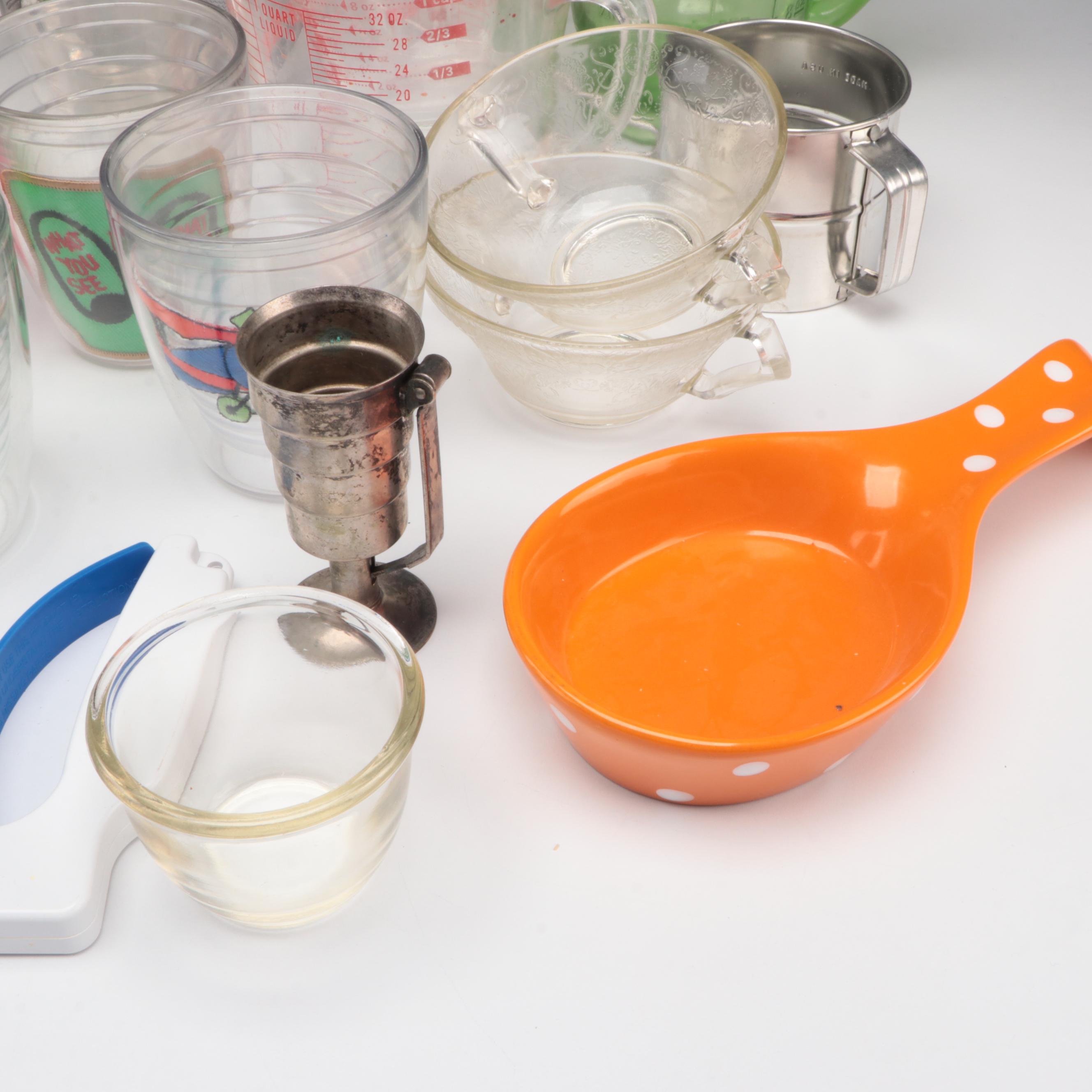 Pyrex Glass Measuring Cups with Other Tumblers, Sifters and Kitchenware