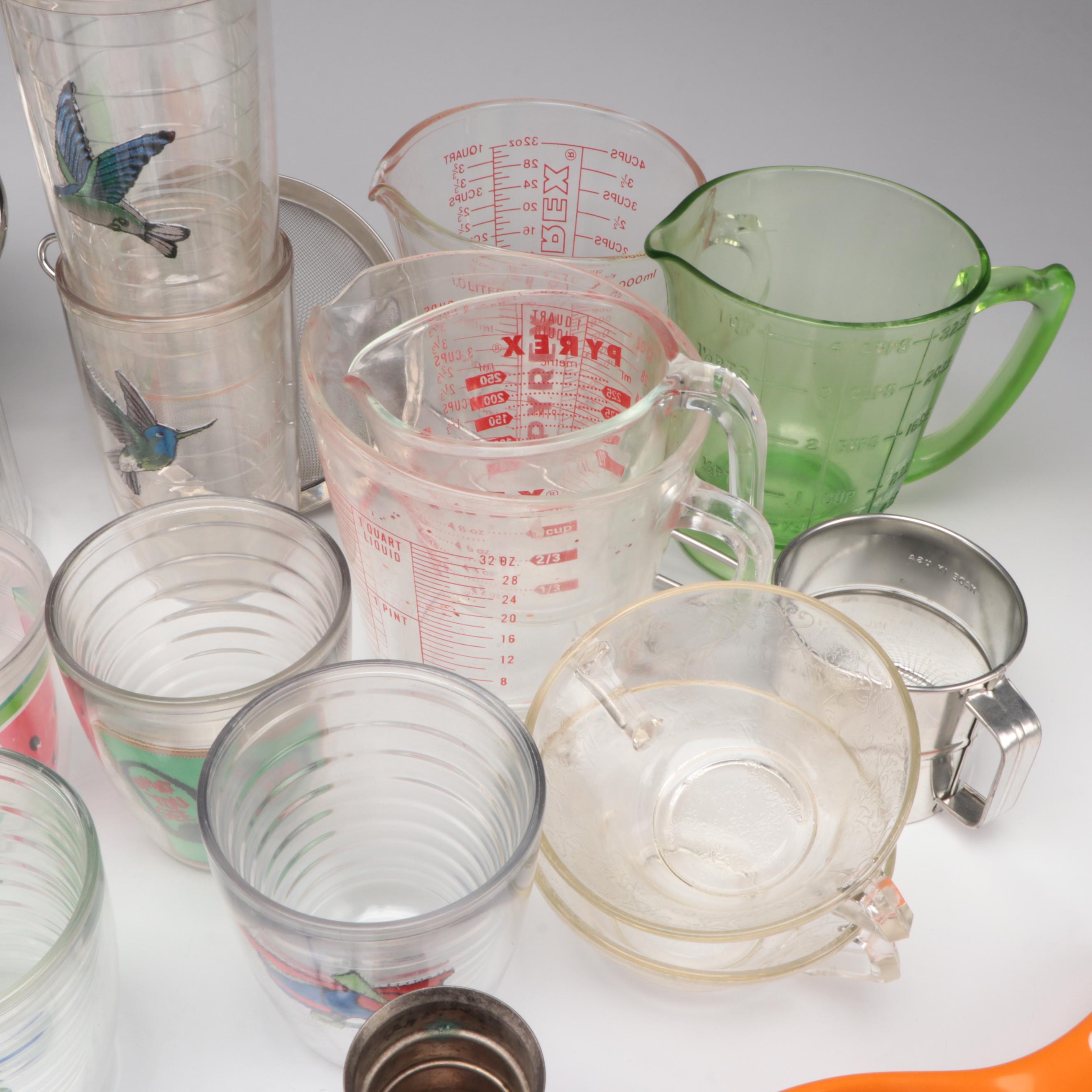 Pyrex Glass Measuring Cups with Other Tumblers, Sifters and Kitchenware