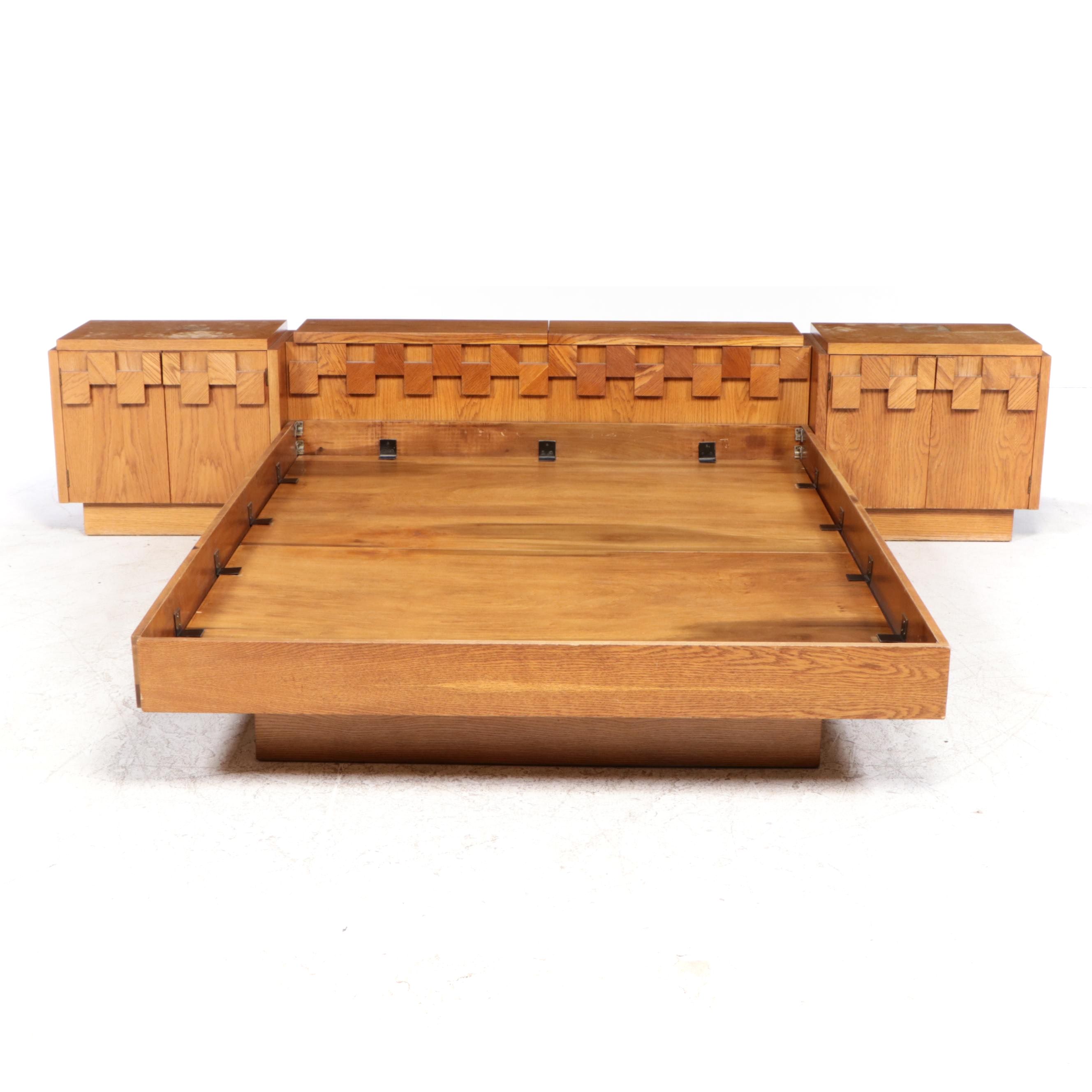 Lane Brutalist Oak Queen Size Bed Frame and Pair of Nightstands, circa 1970