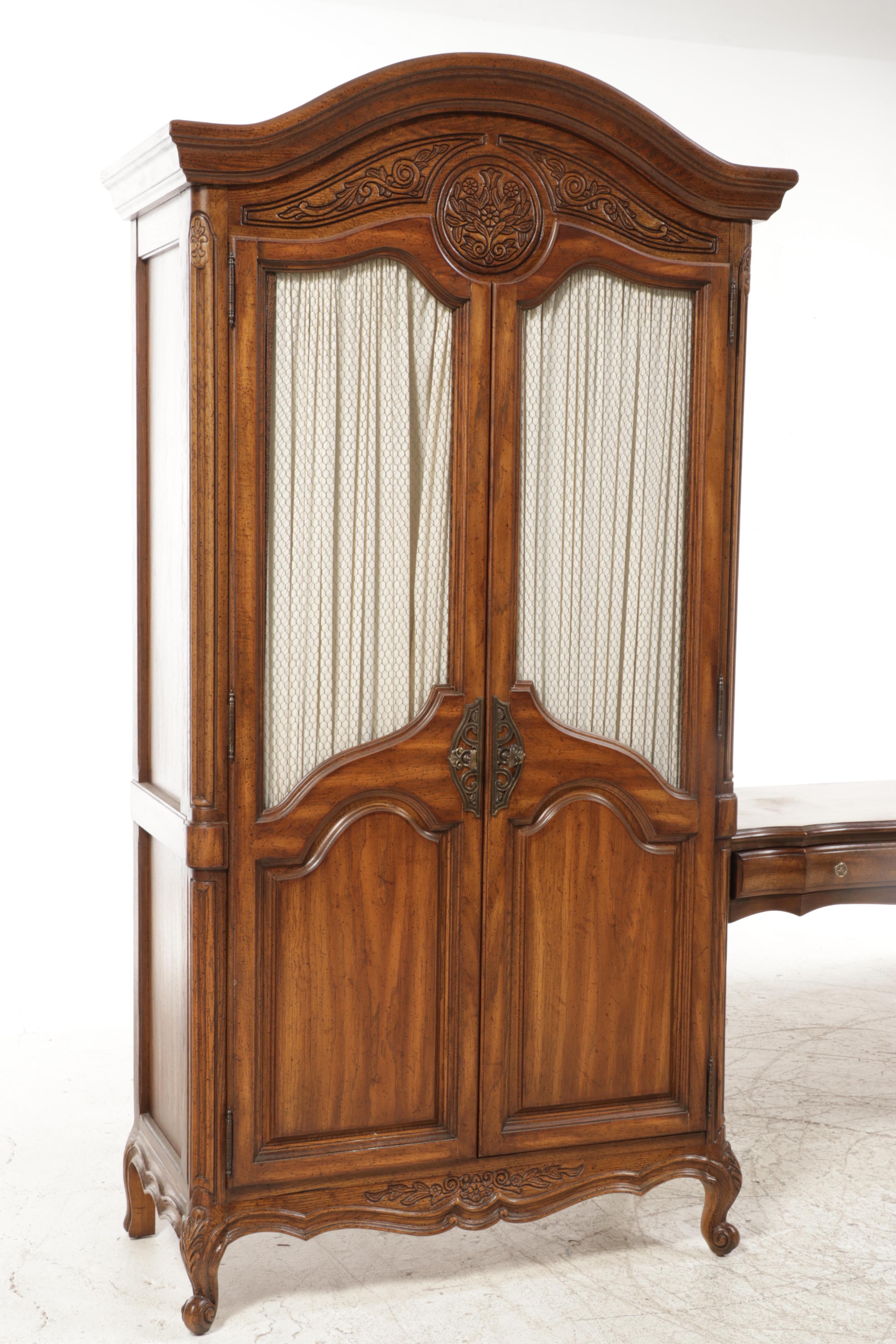 Pair of National / Mt. Airy Louis XV Style Armoires with Bridge Vanity Table