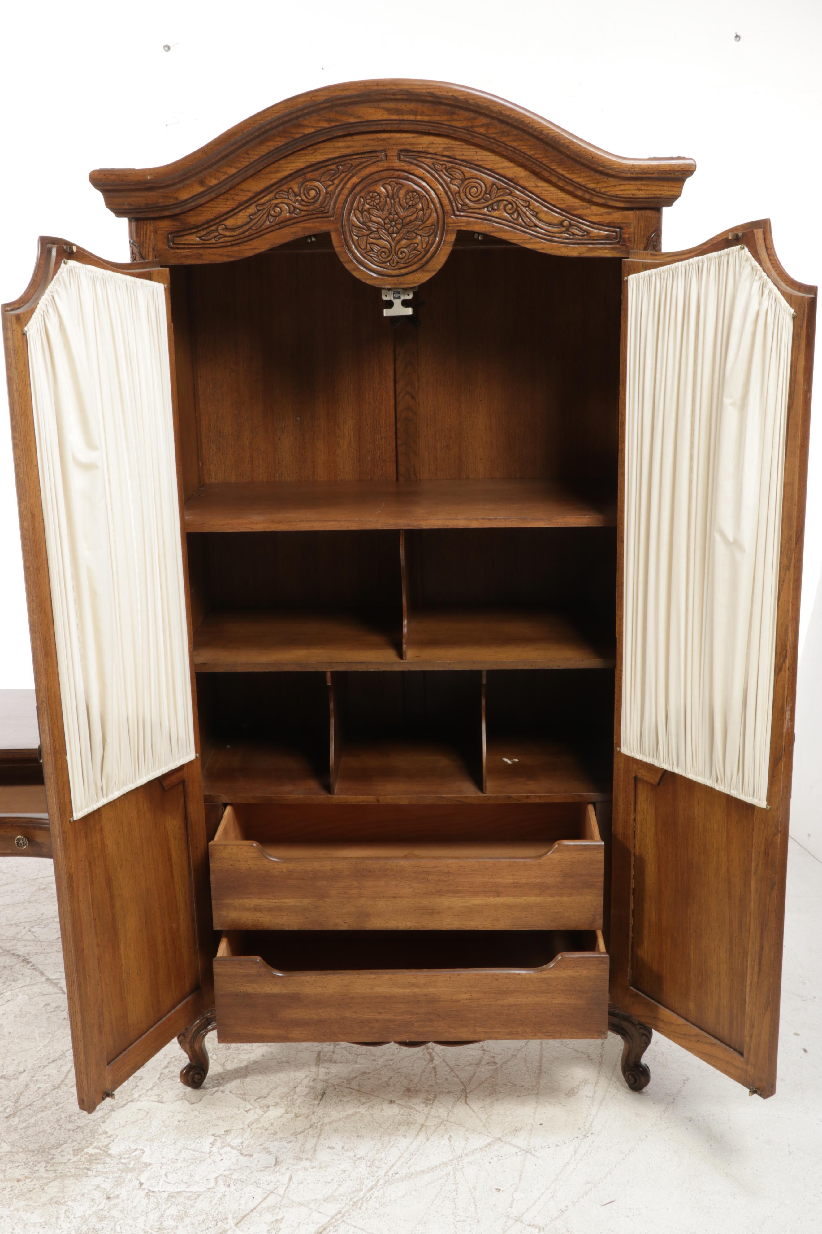 Pair of National / Mt. Airy Louis XV Style Armoires with Bridge Vanity Table