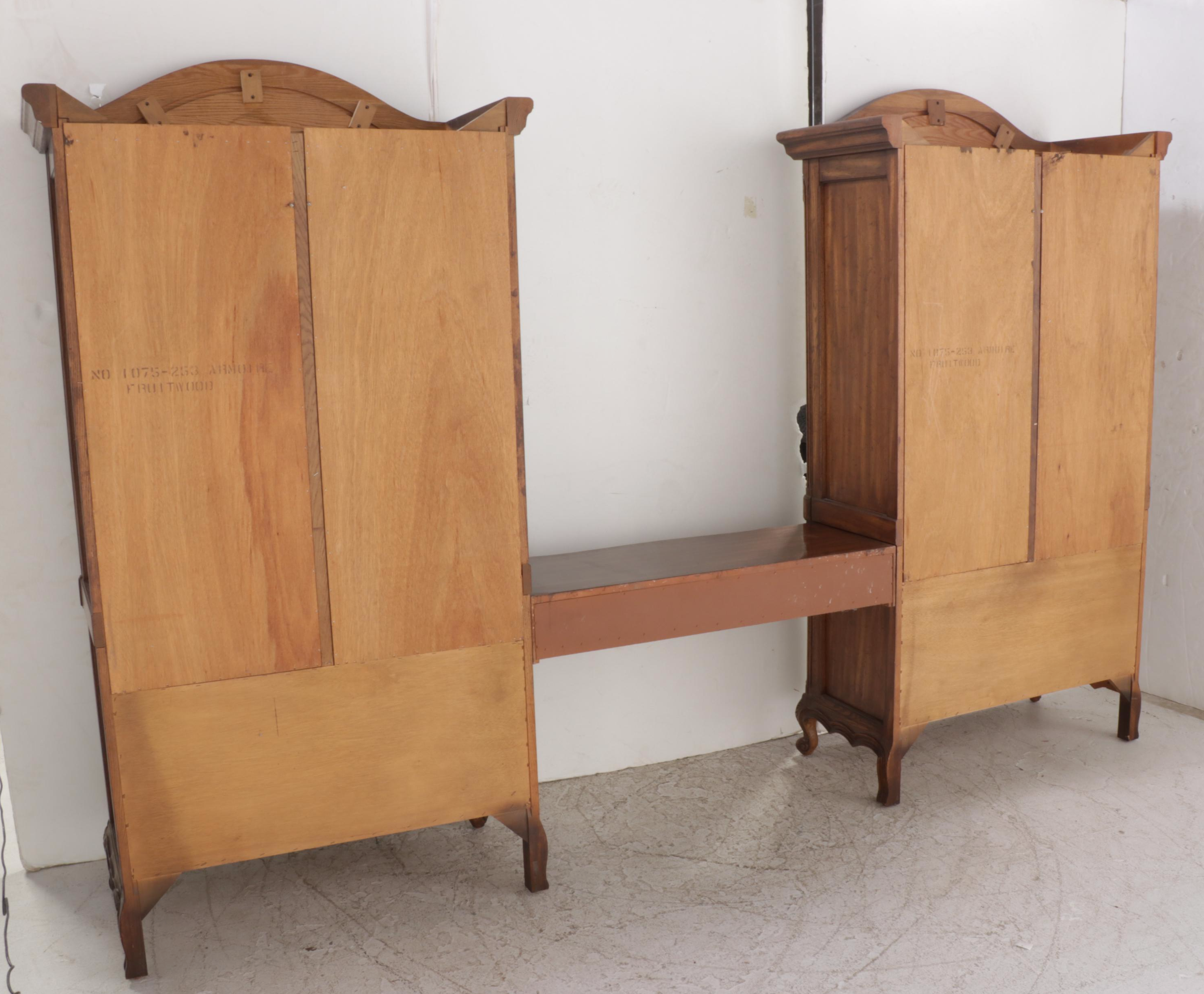 Pair of National / Mt. Airy Louis XV Style Armoires with Bridge Vanity Table